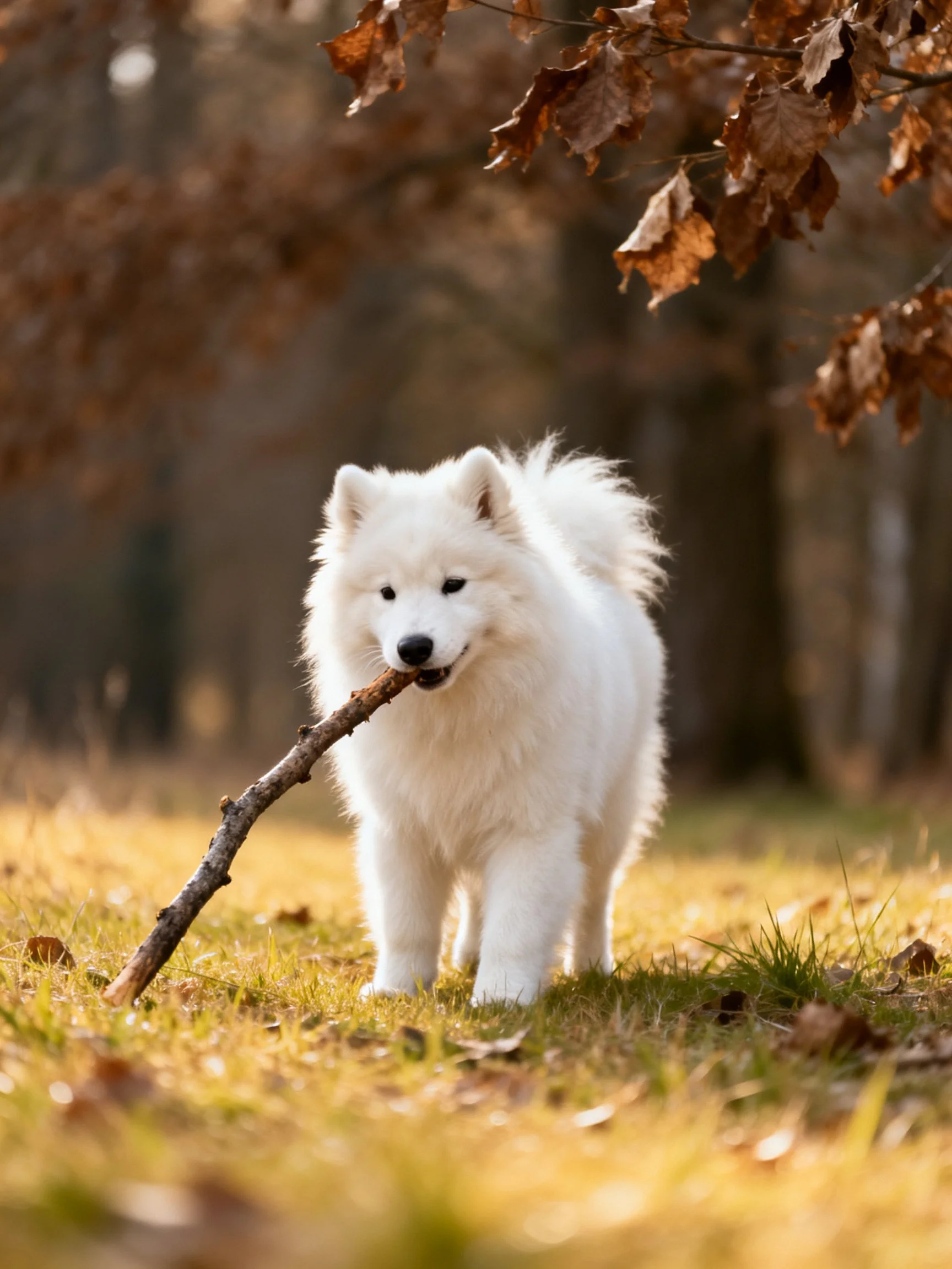 A fluffy white Samoyed puppy plays with a branch in a sunlit outdoor area.