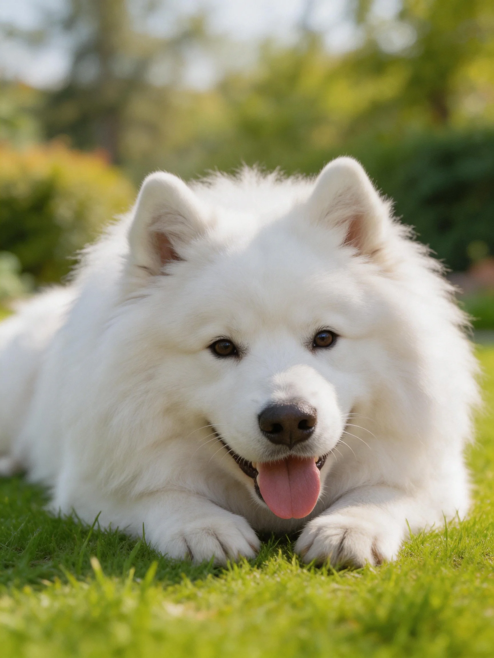 A fluffy white Samoyed relaxes on green grass in a sunlit outdoor setting.