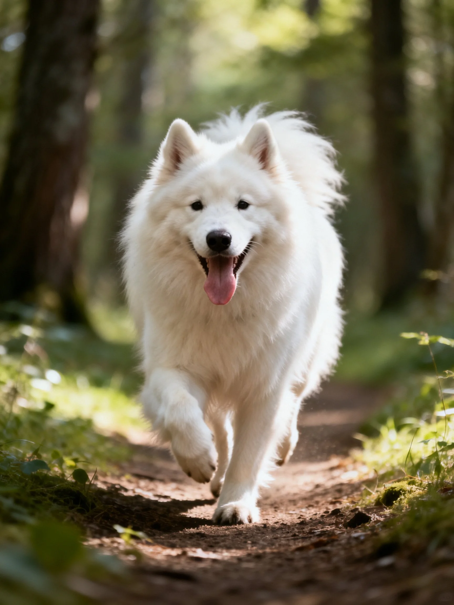 A fluffy white Samoyed joyfully runs along a sunlit forest path.