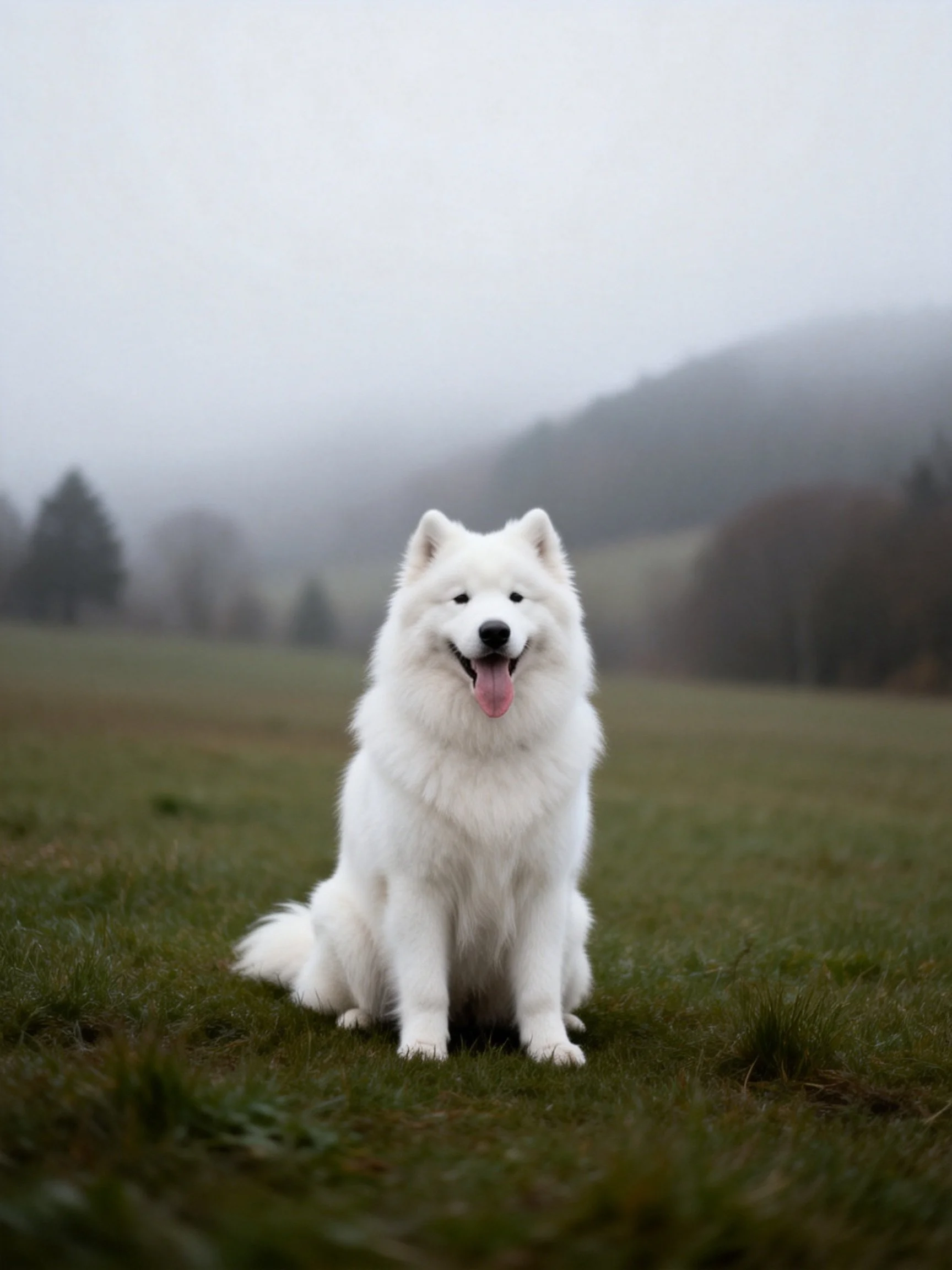 A fluffy white Samoyed sits calmly in a misty open field.