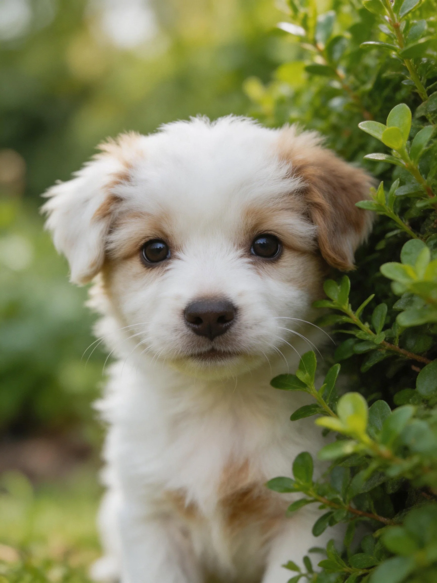 A small, fluffy puppy with white and tan fur sits beside dense green shrubs.