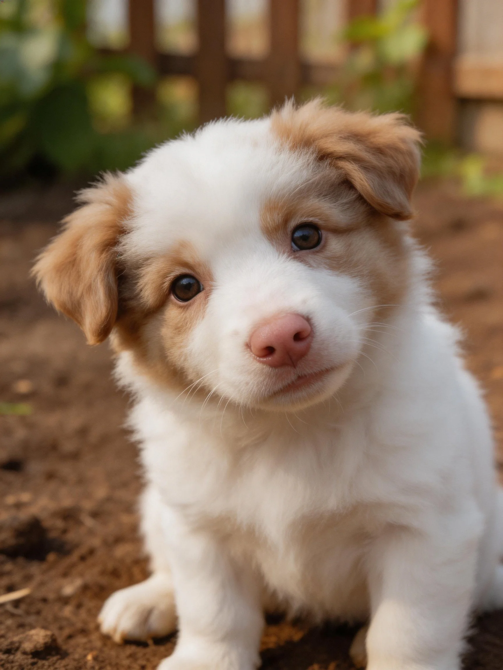 A small white and tan puppy sits on dirt close to a wooden fence.