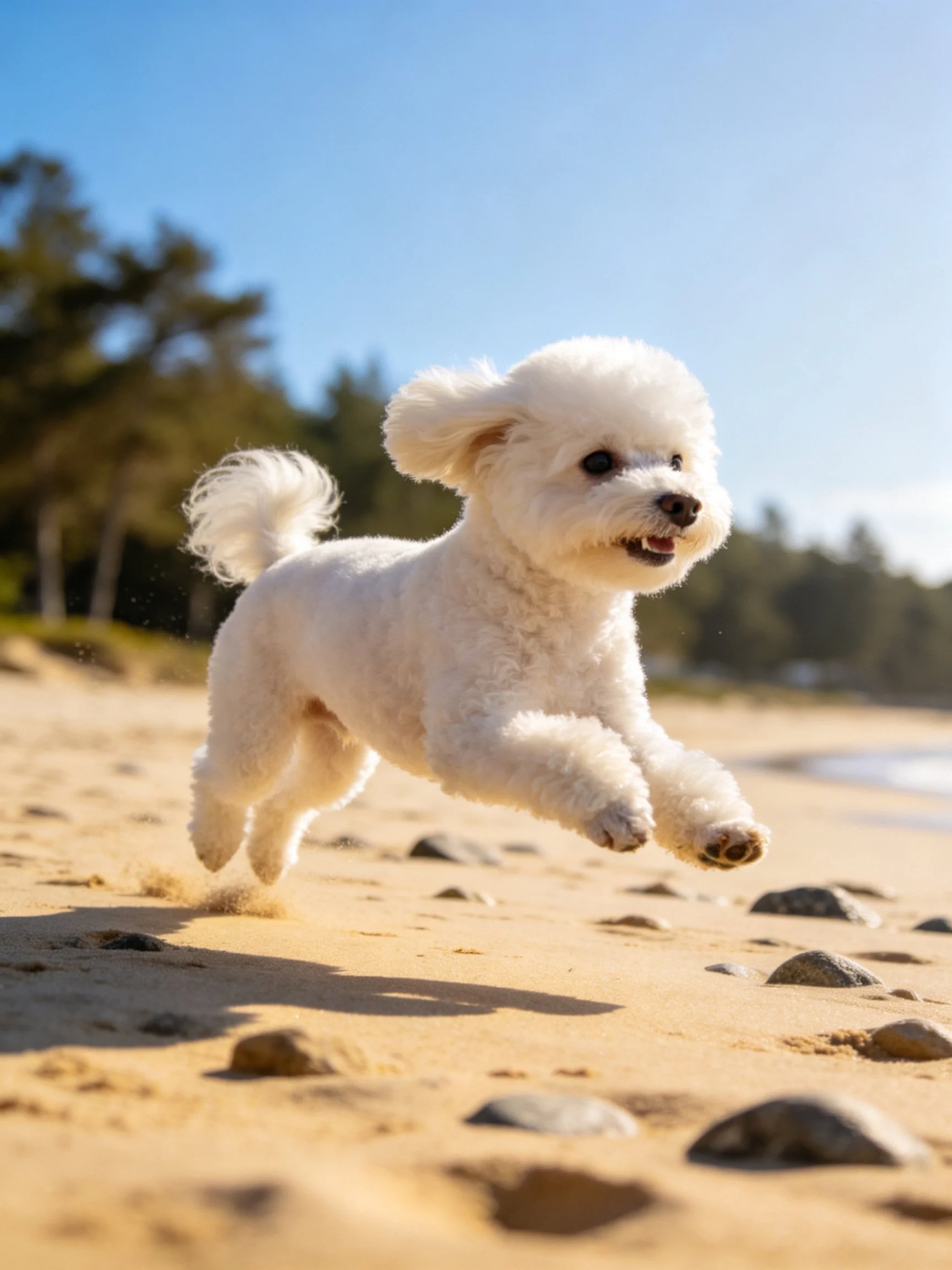 A fluffy white dog bounds joyfully on a sunlit sandy beach