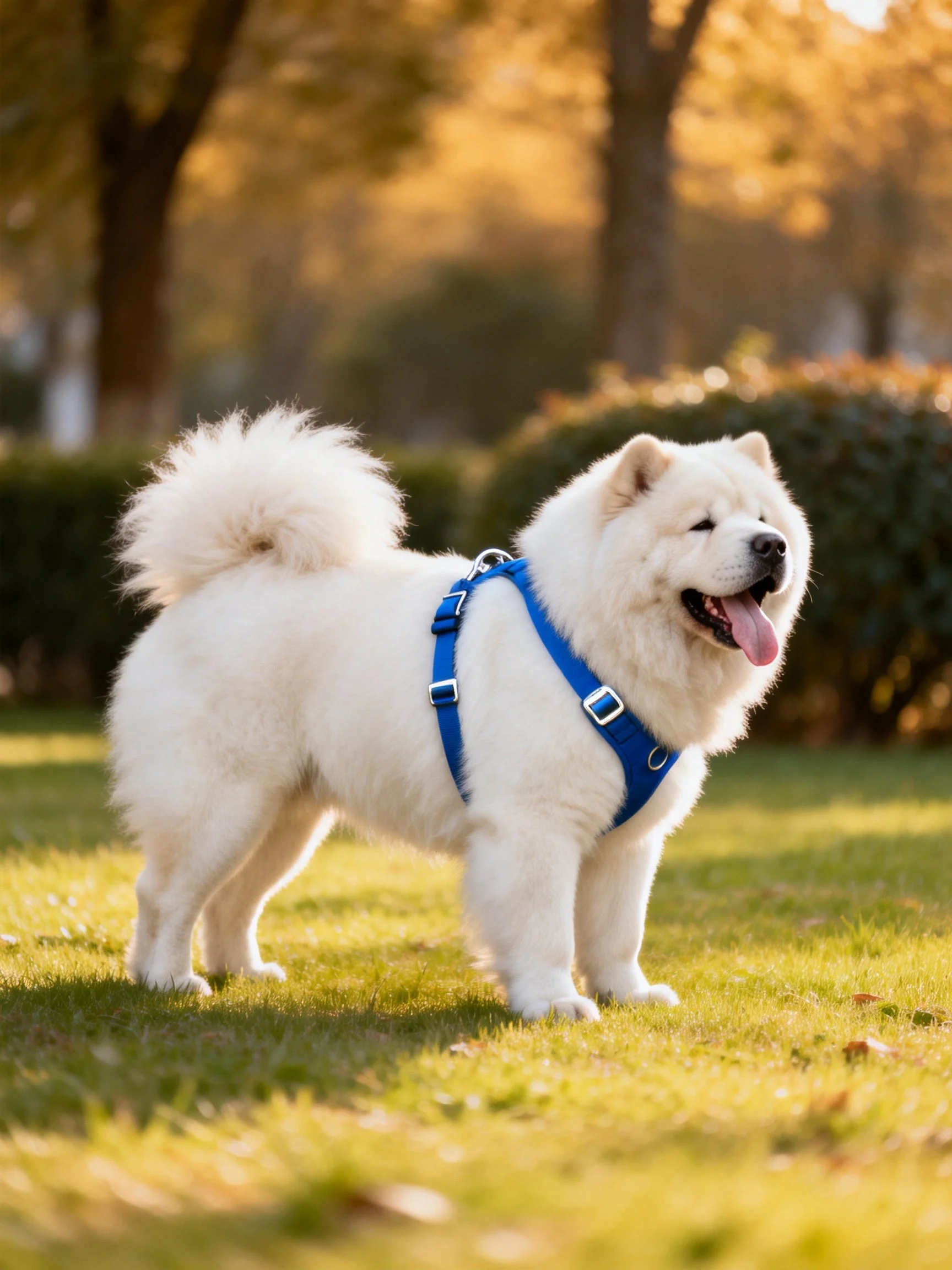 A fluffy white dog with a blue harness stands on grass in a sunlit outdoor area