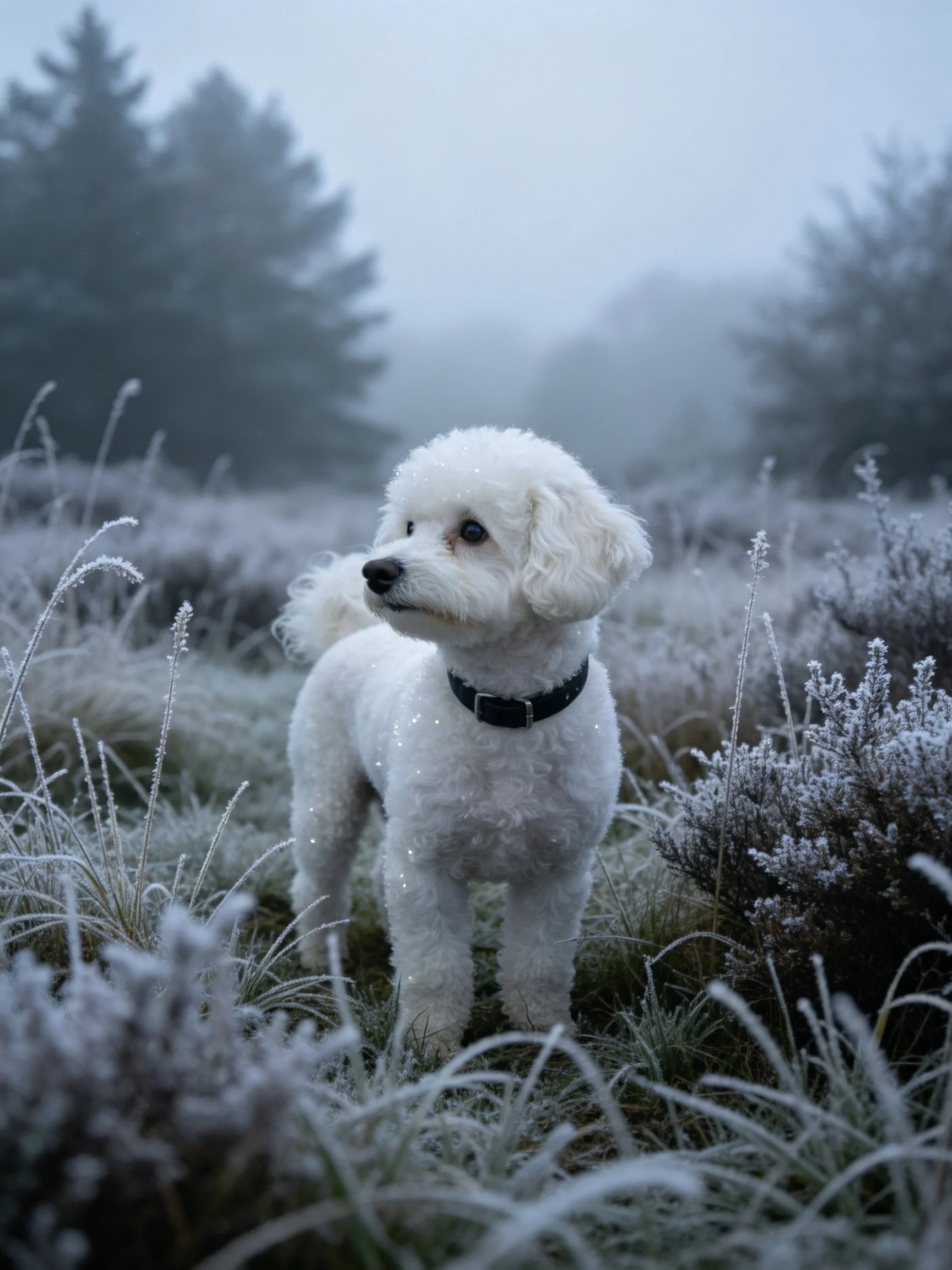 A white dog stands in a frosty meadow near foggy trees.