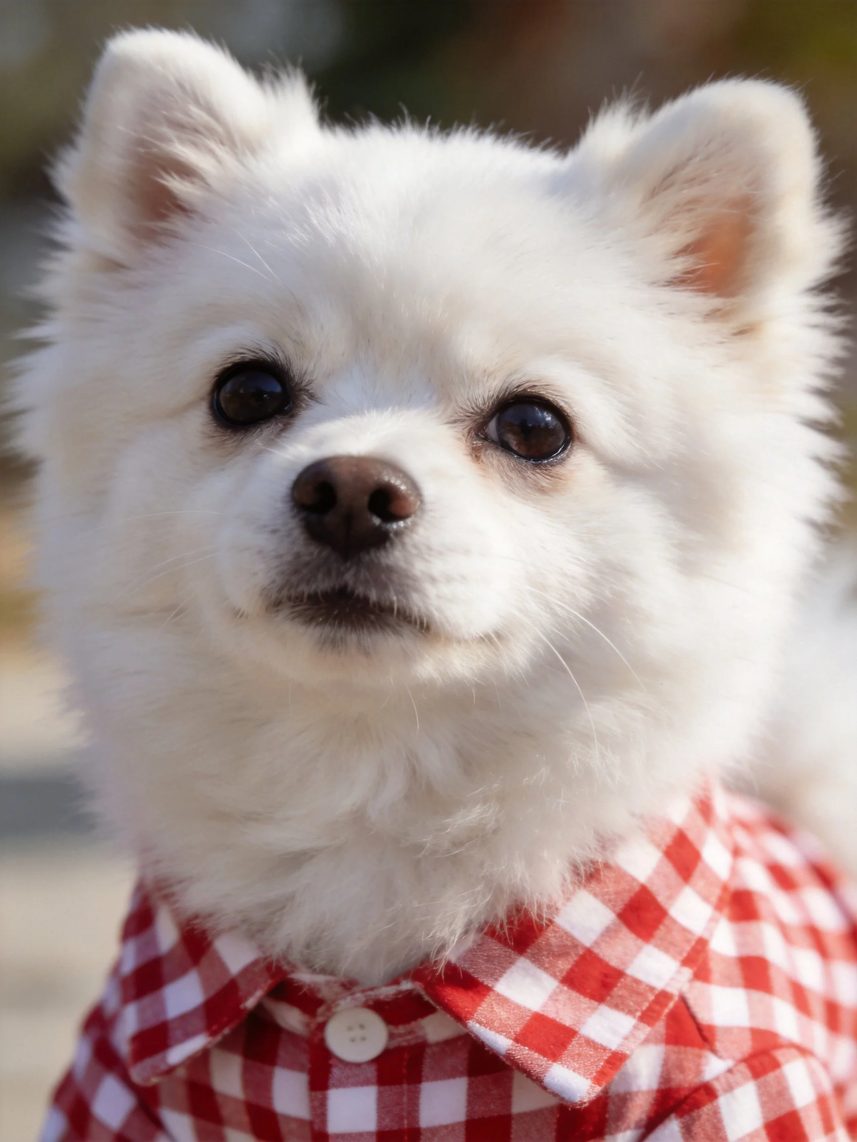 A small white dog wears a red-and-white checkered shirt outdoors.