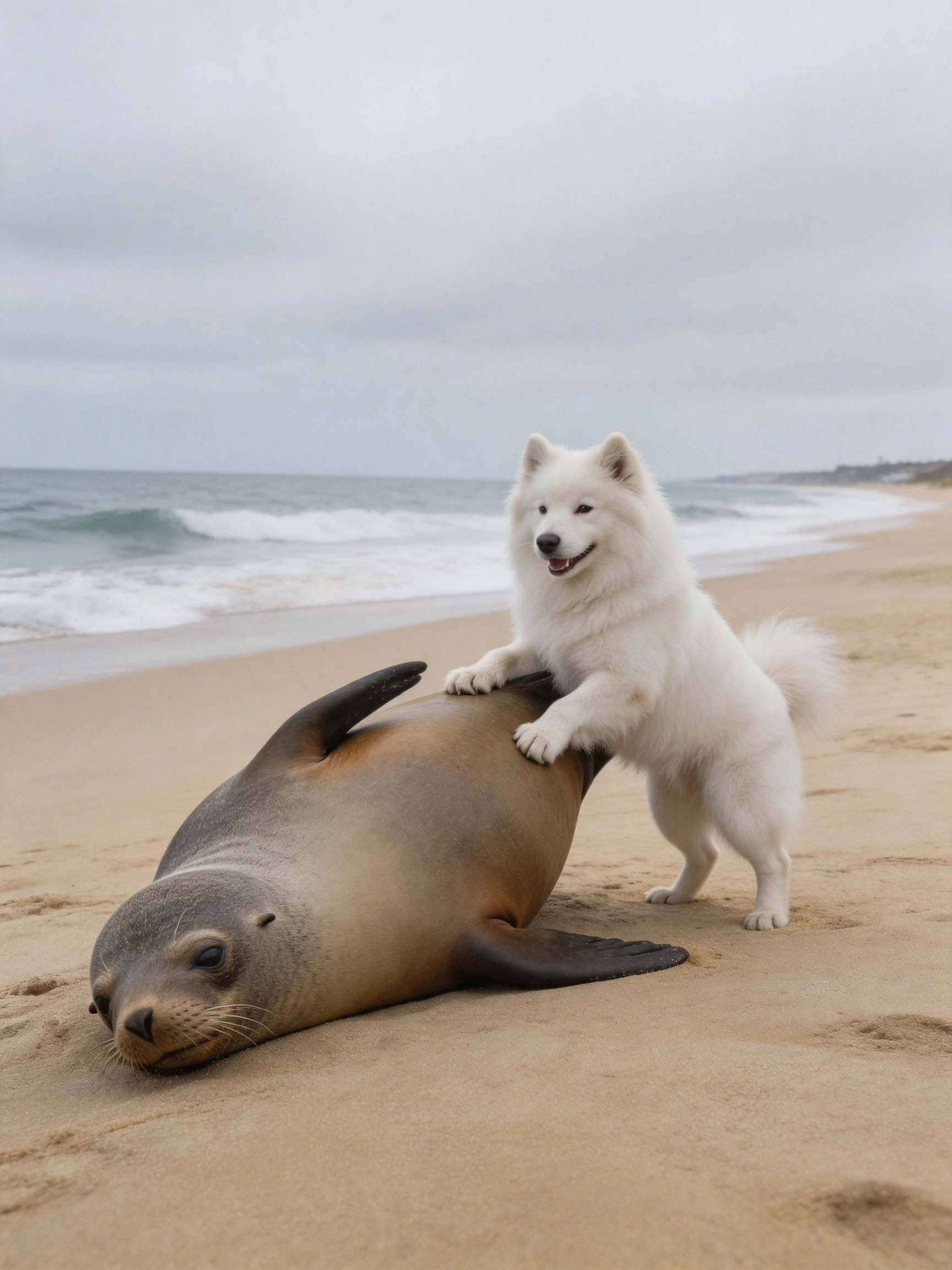 A fluffy white dog interacts with a sea lion on a sandy beach