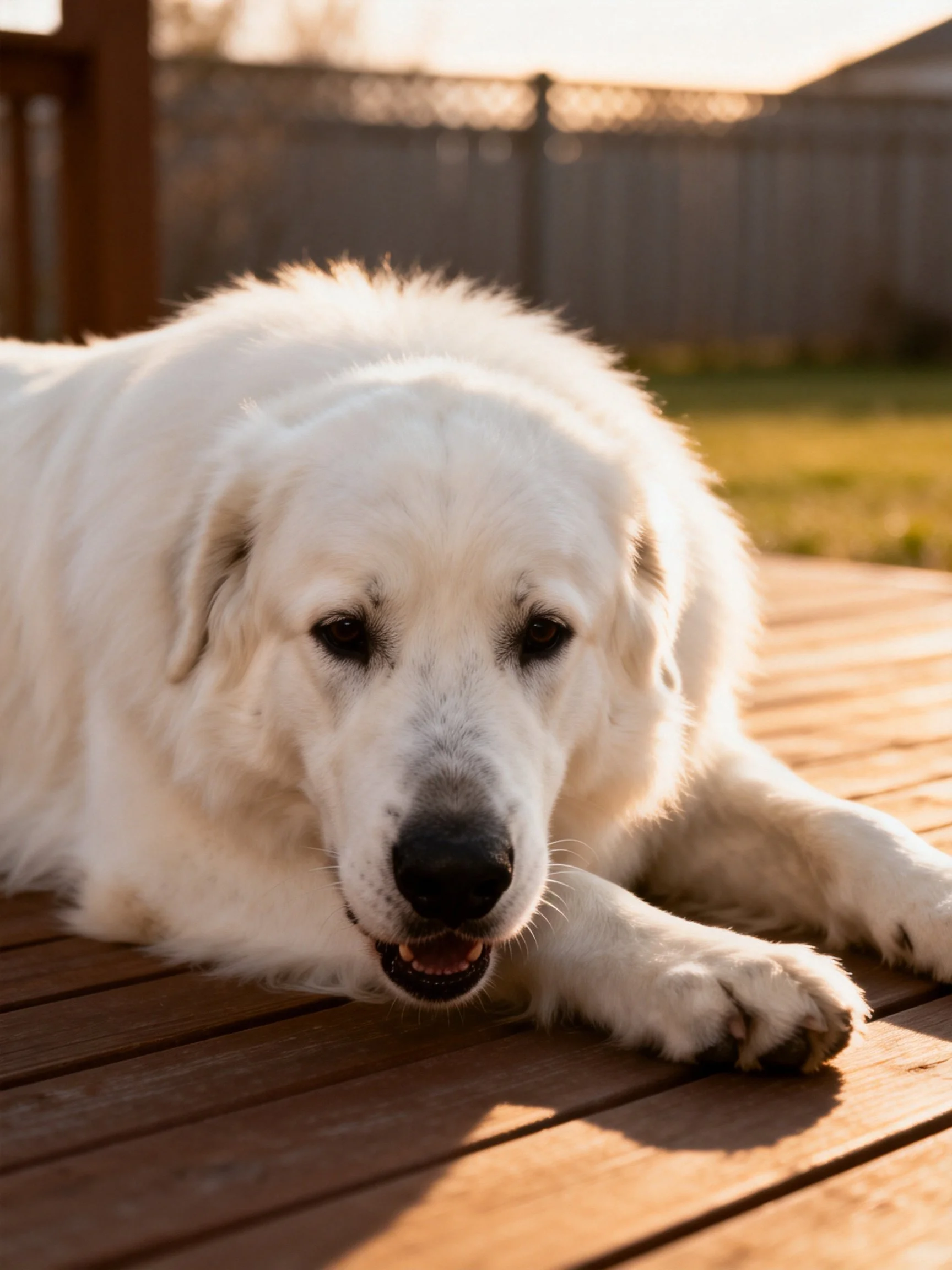 A large white dog relaxes on a wooden deck in an outdoor residential area.