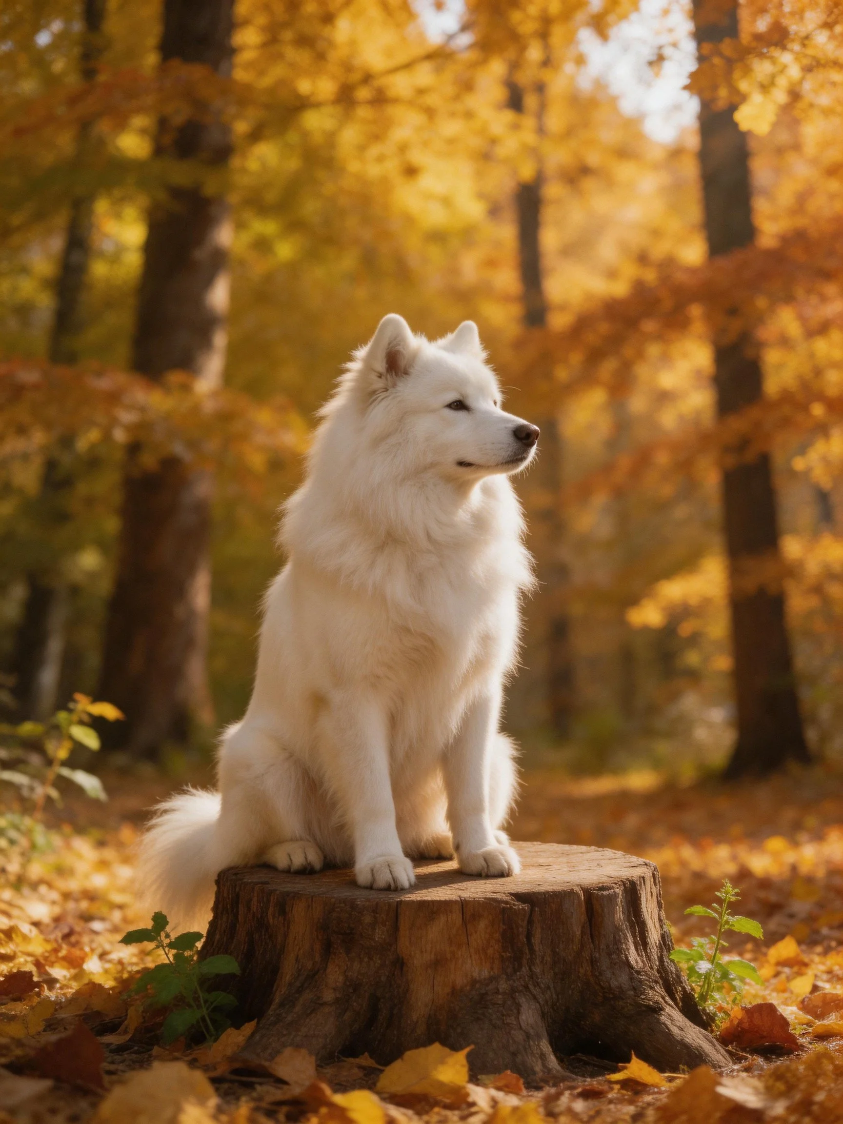 A fluffy white dog on a tree stump in autumn forest