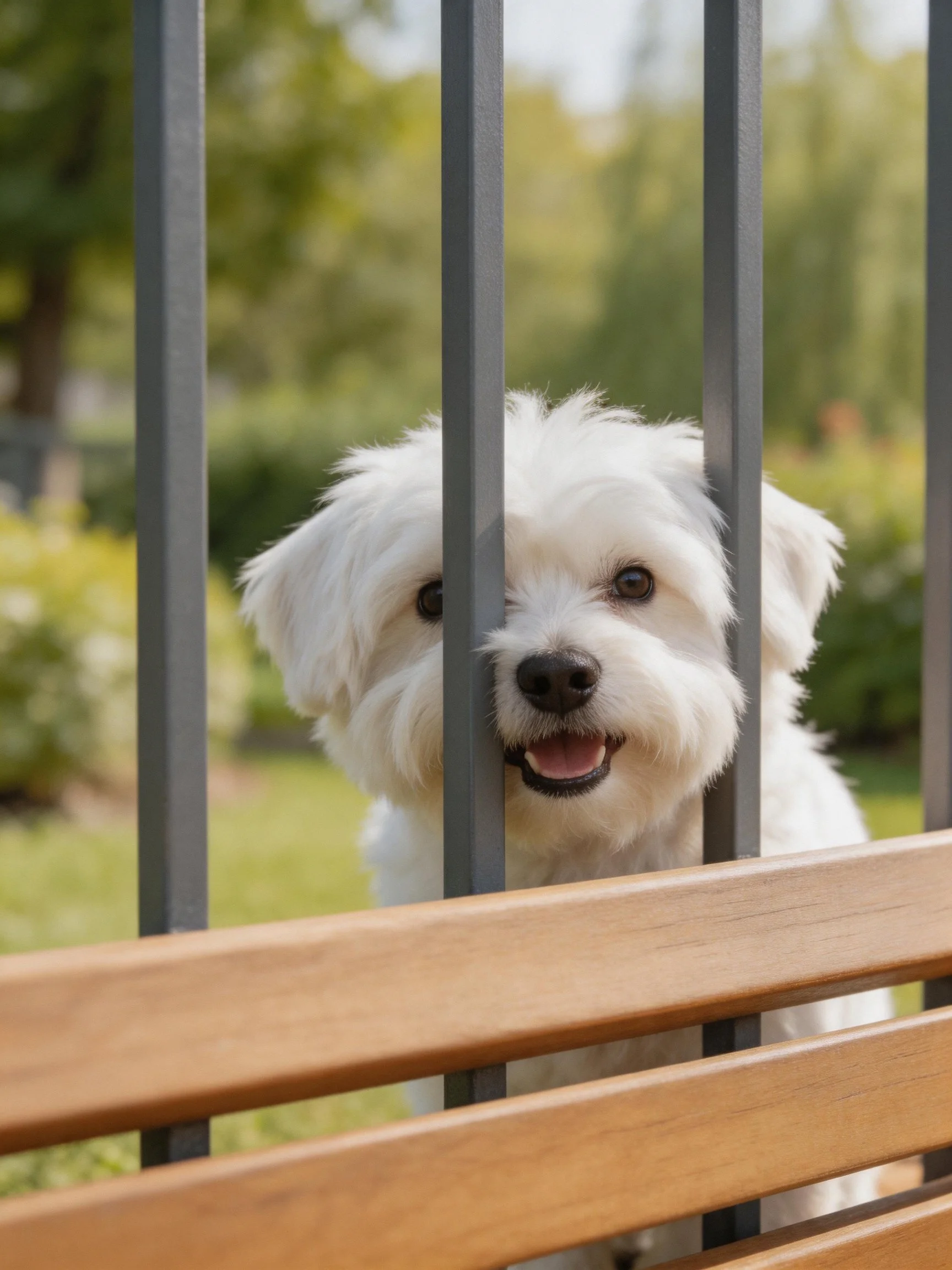 A fluffy white dog looks out from behind dark metal fence bars beside a wooden bench