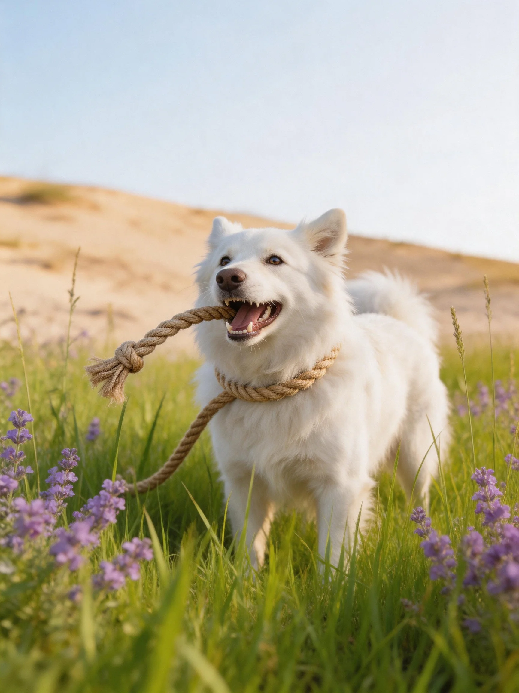 A fluffy white dog plays with a rope toy in a sunny outdoor meadow.