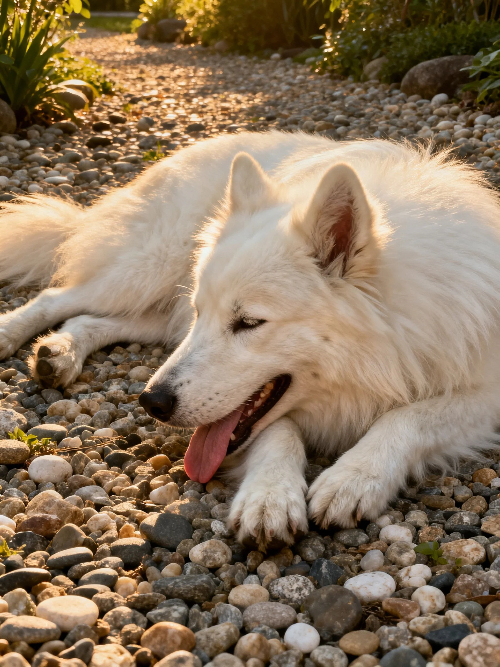 A fluffy white dog rests peacefully on a gravel path outdoors.