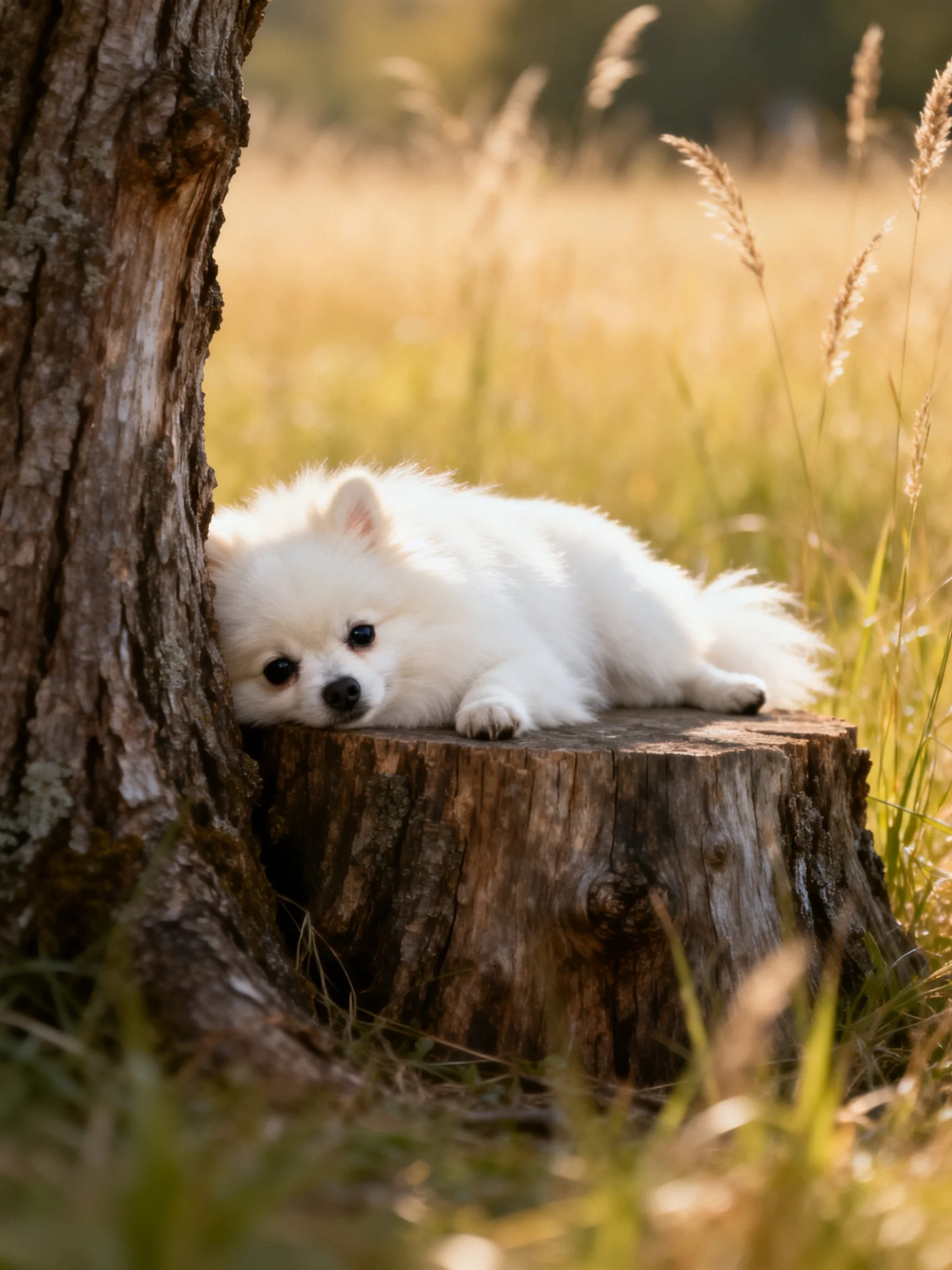 A small white dog relaxes on a tree stump in a sunlit field.