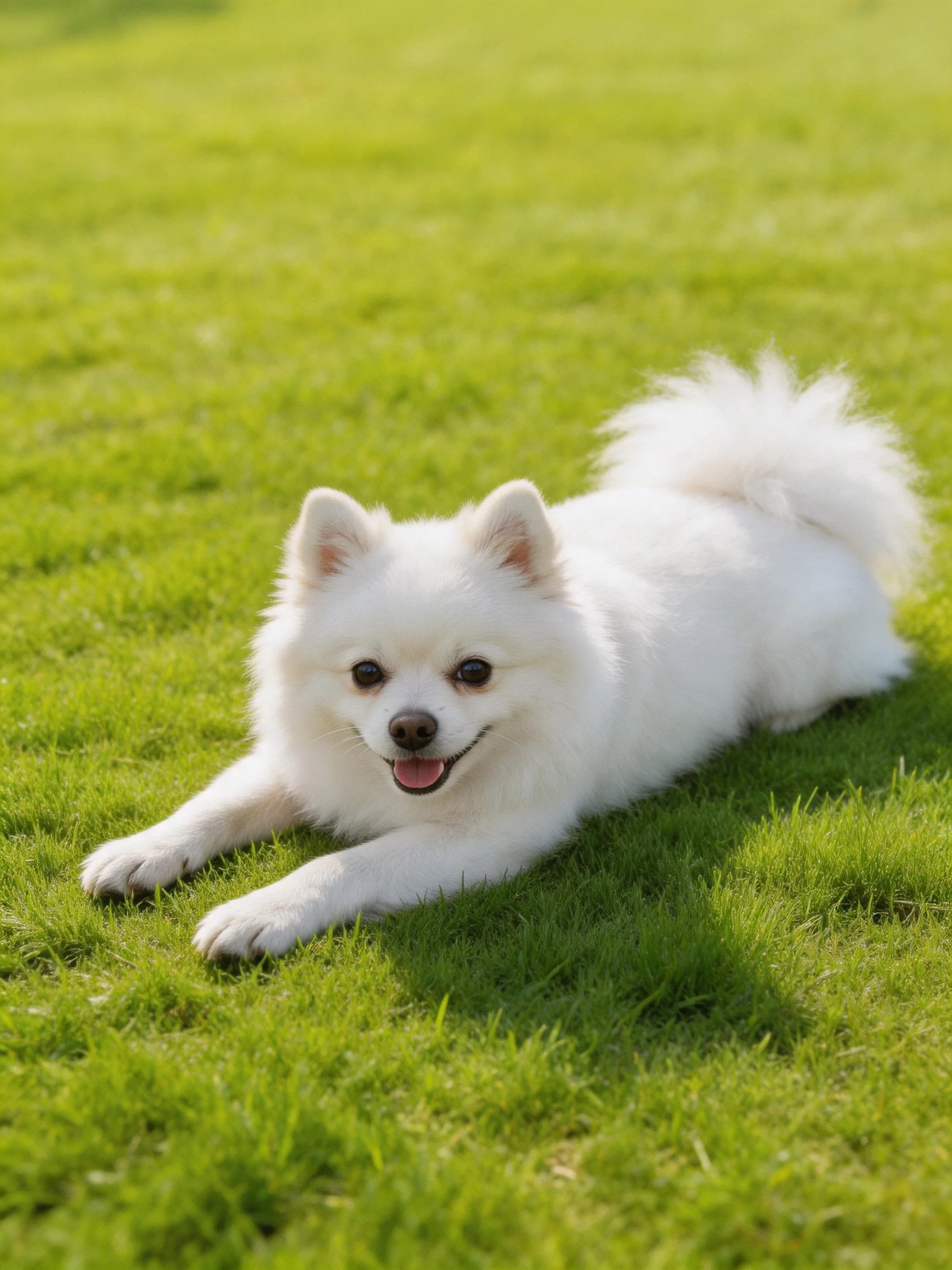 A fluffy white dog relaxes on green grass.