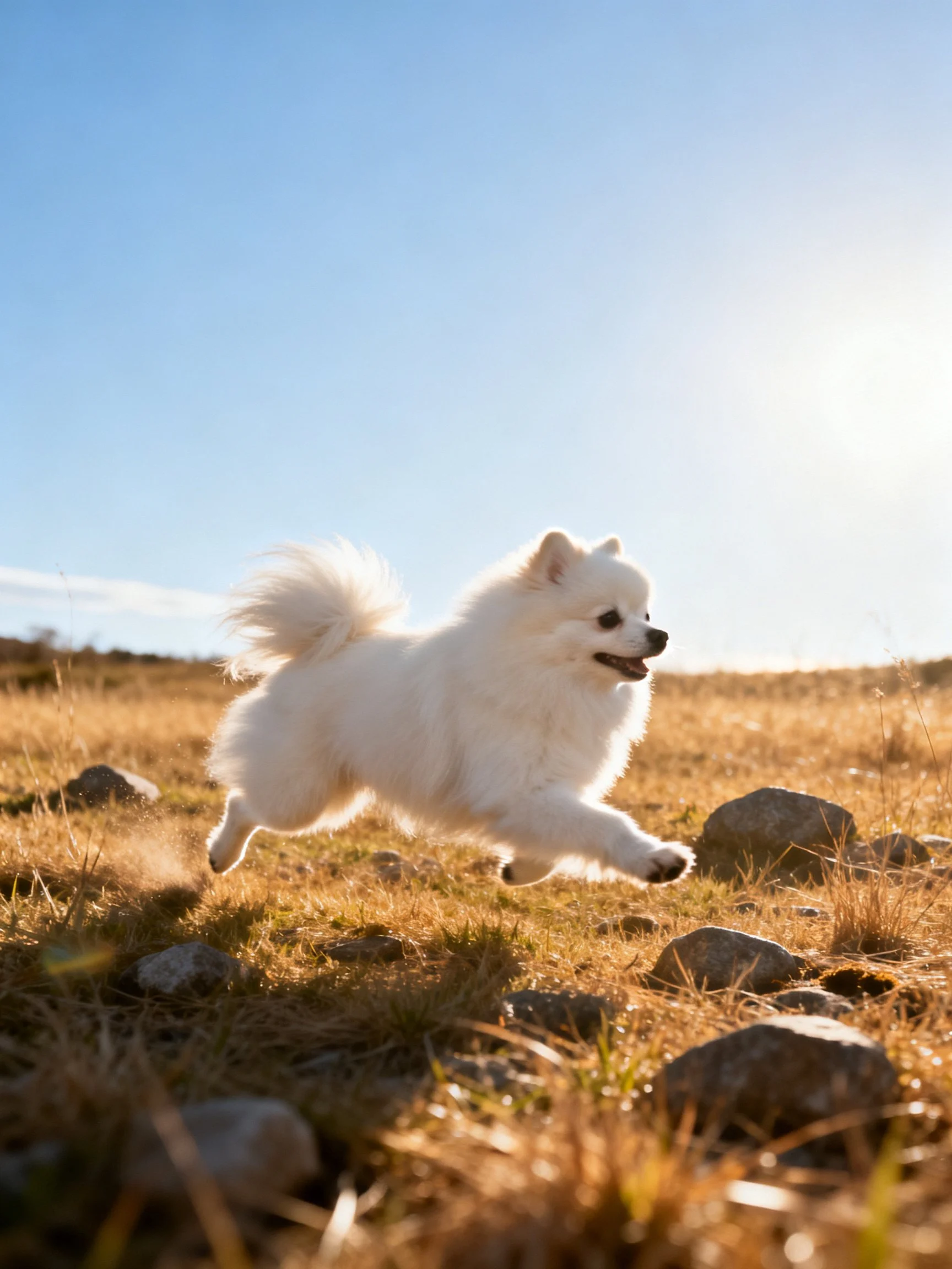 A fluffy white dog runs energetically through a rocky, sunlit field.