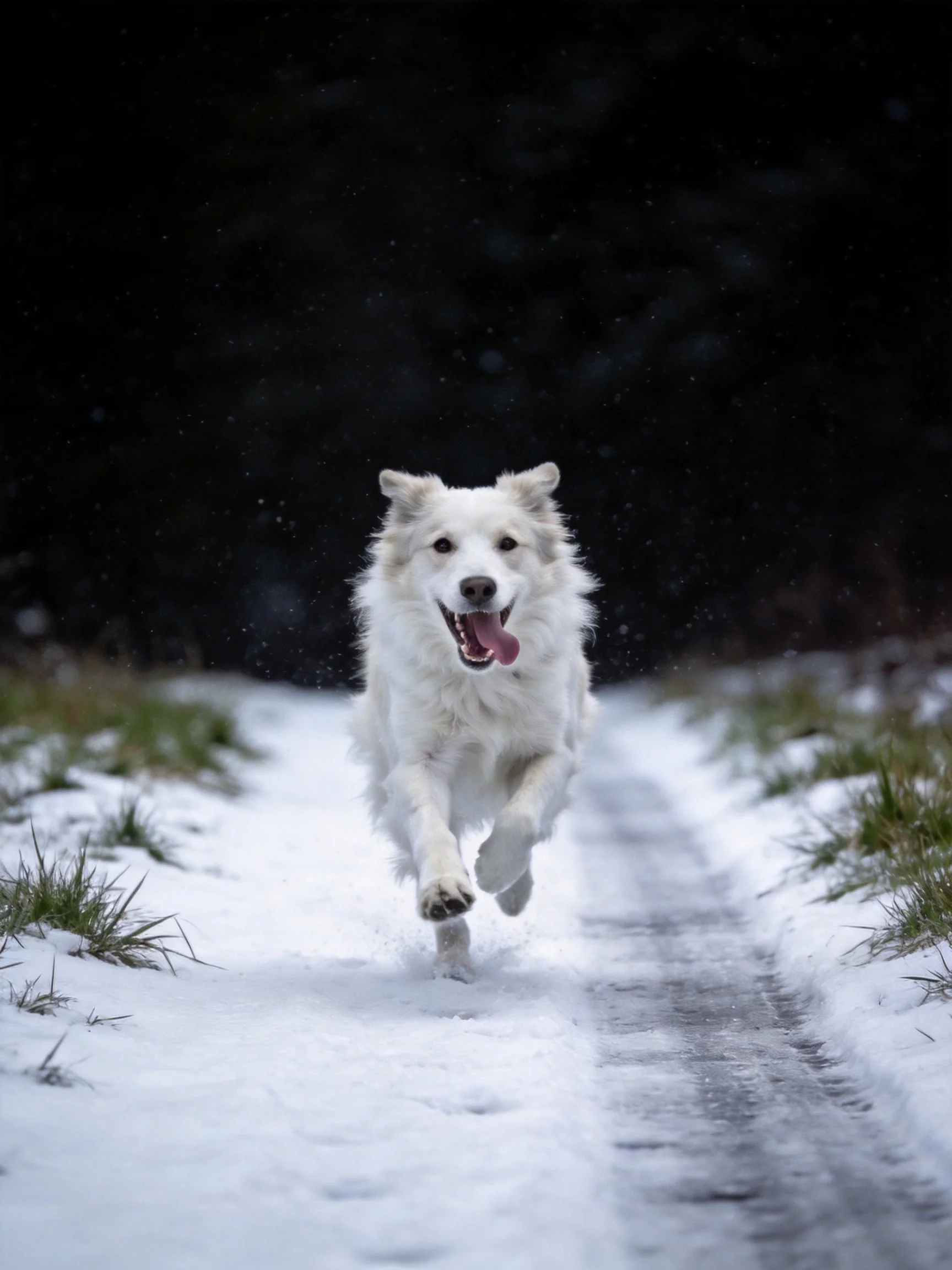 A fluffy white dog runs energetically on a snow-covered path with grassy edges