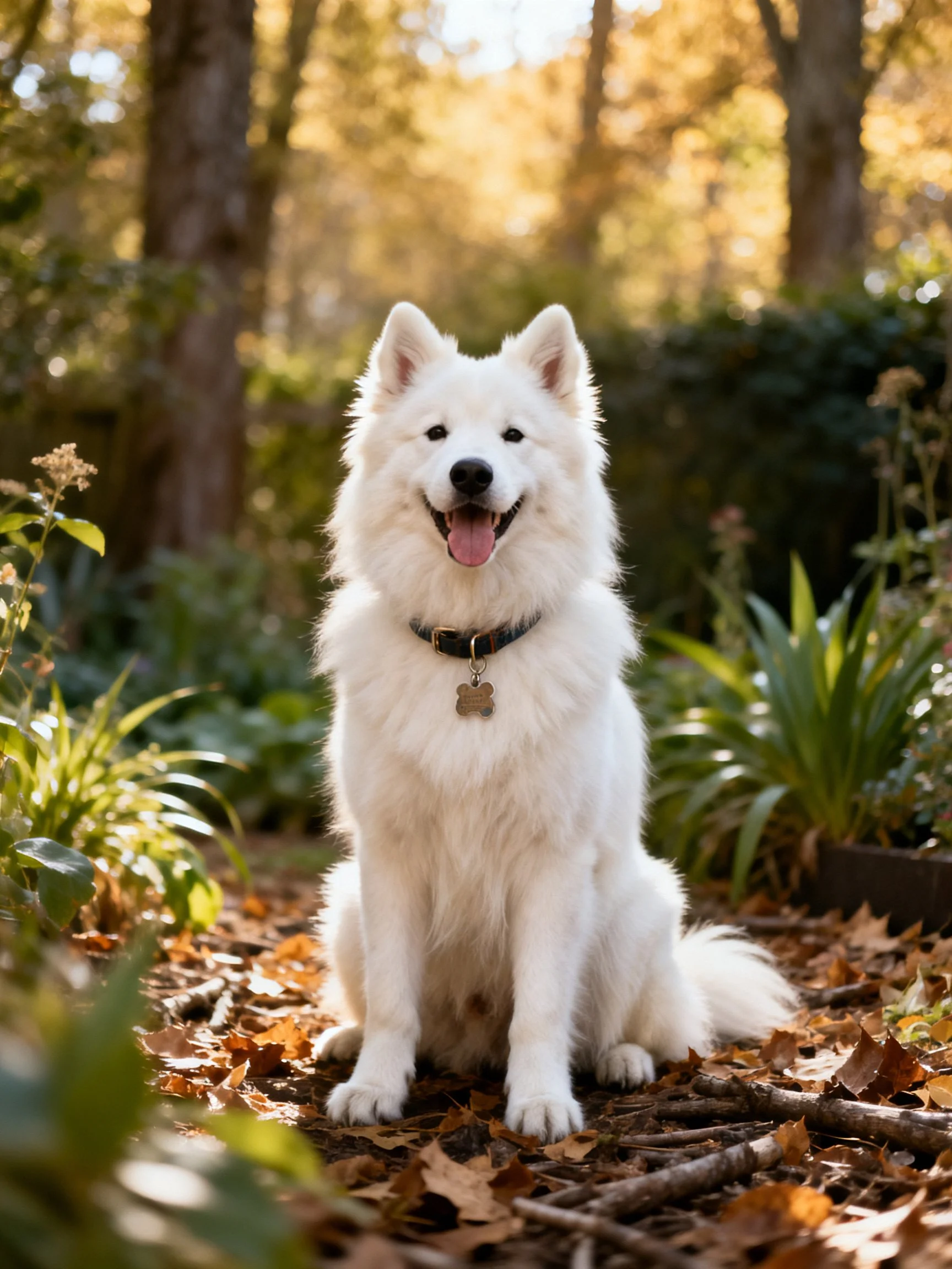 A fluffy white dog sits contentedly in a wooded area with fallen leaves