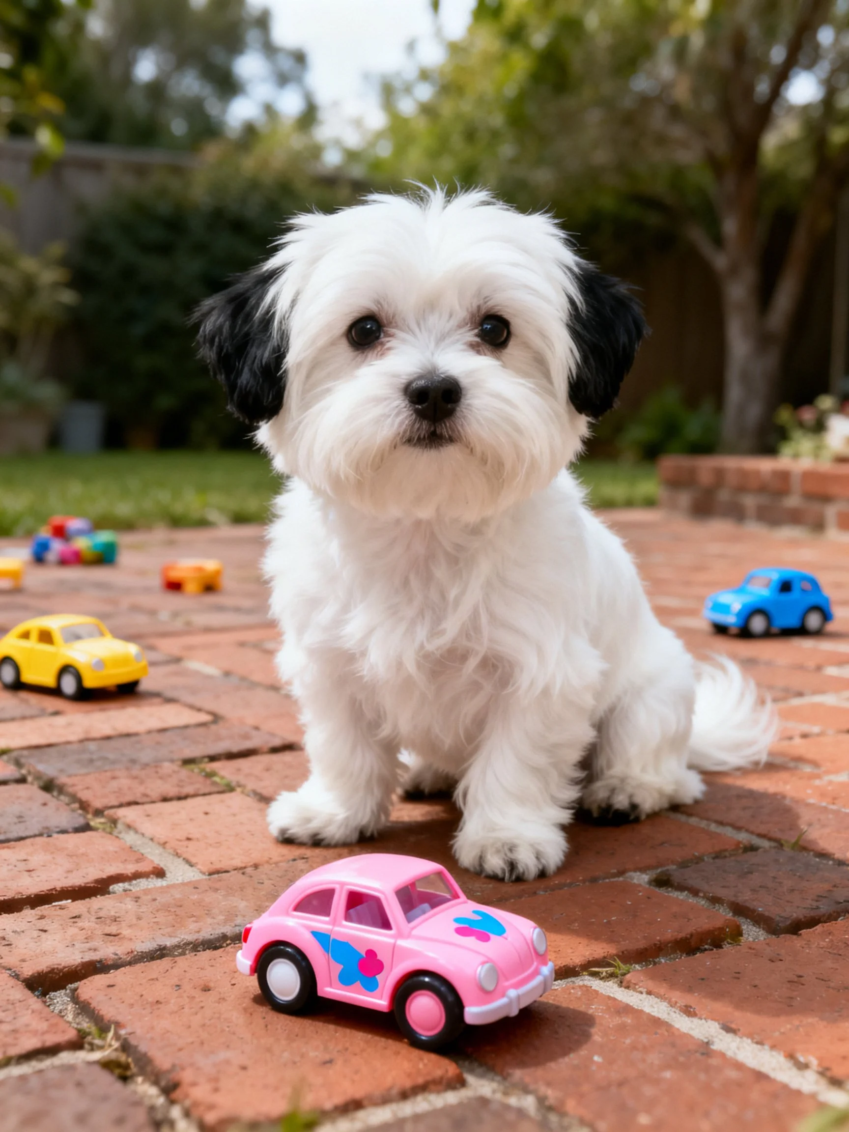 A small white dog sits on a brick patio surrounded by colorful toy cars.