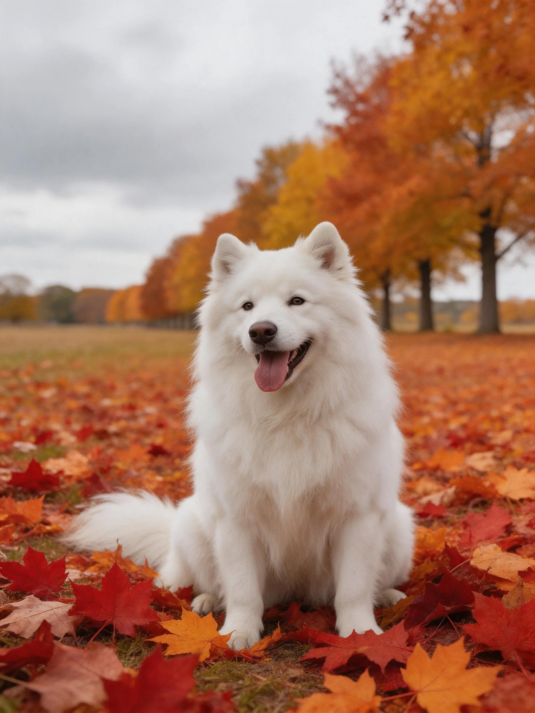 A white dog relaxes amidst colorful fallen leaves and autumnal trees.