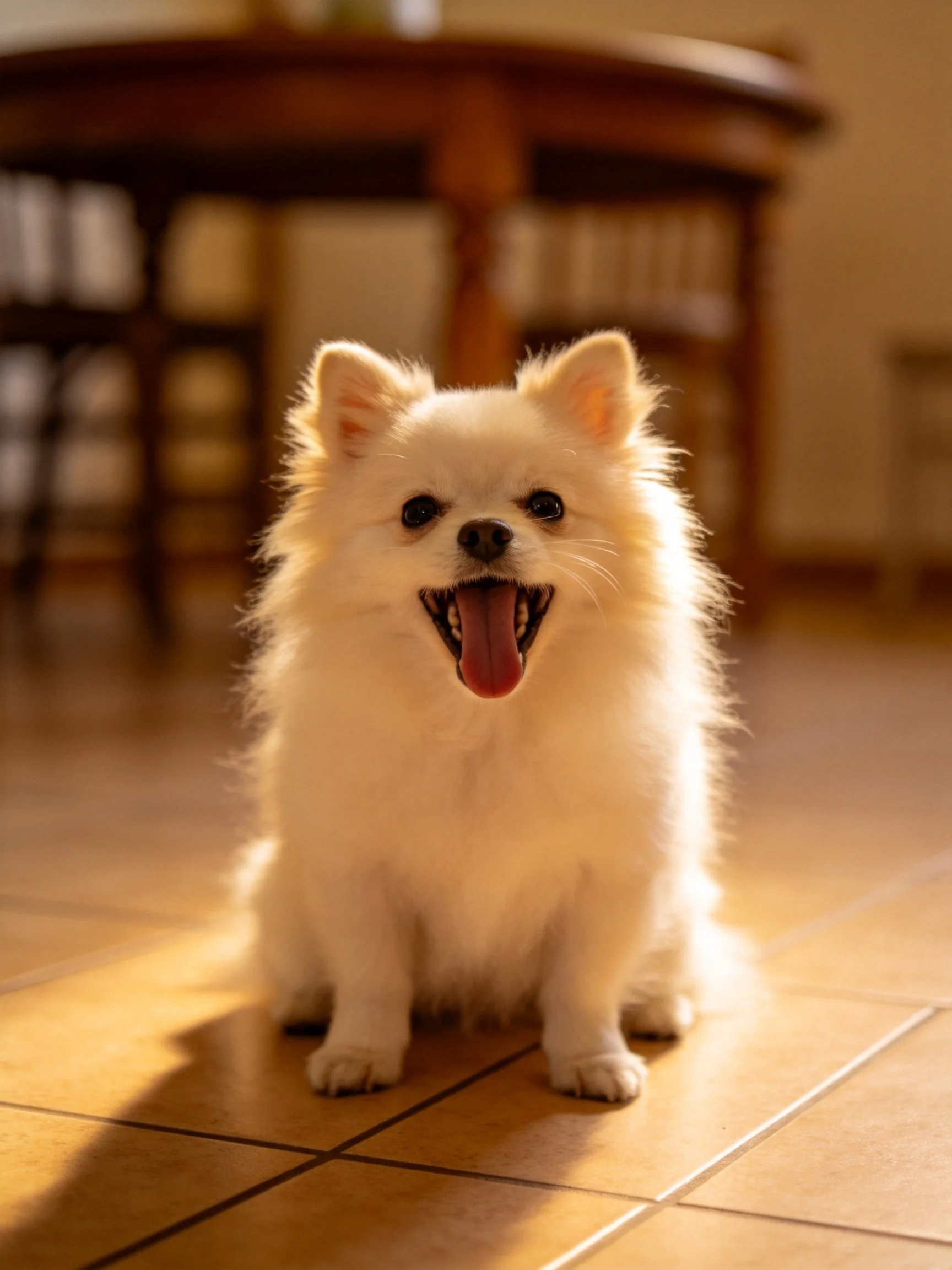 A fluffy white dog sits happily on tiled flooring with wooden furniture in the background.