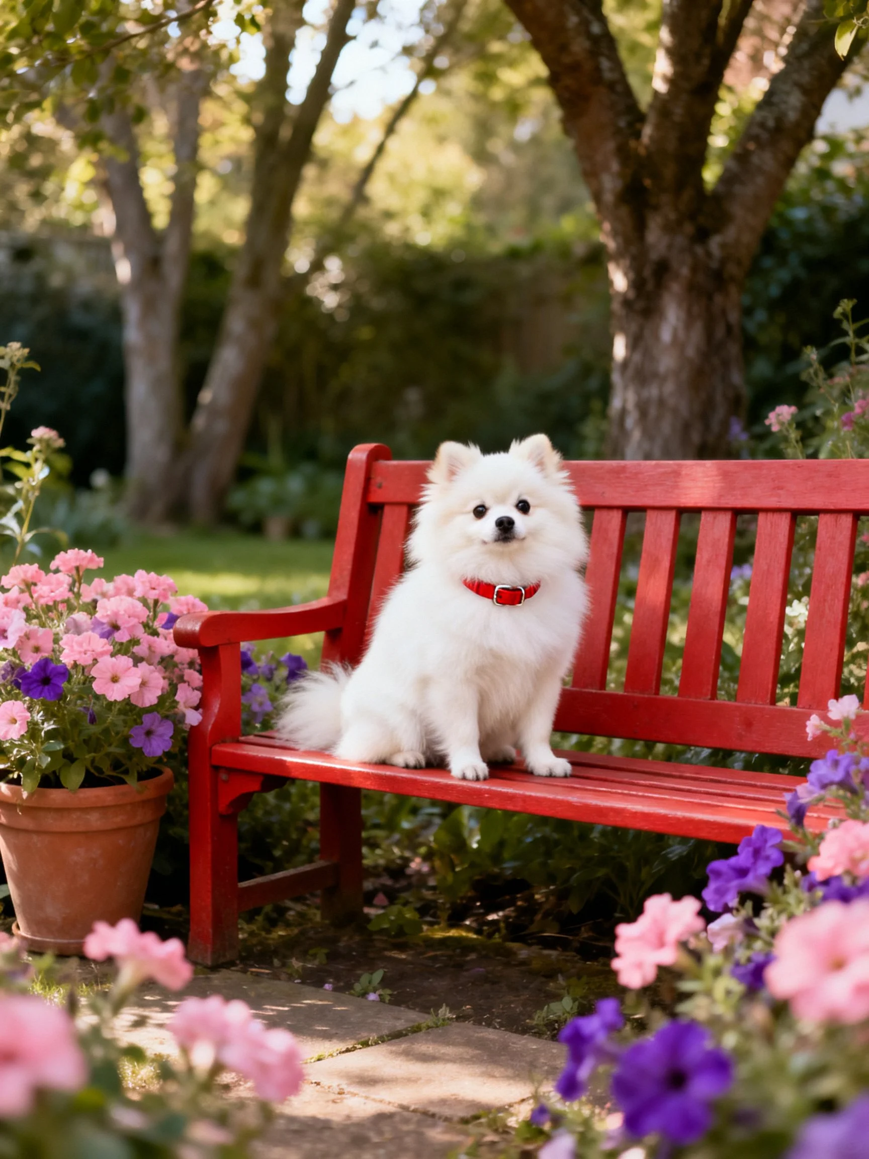 A fluffy white dog rests on a bright red bench surrounded by vibrant blooms in a sunlit garden.