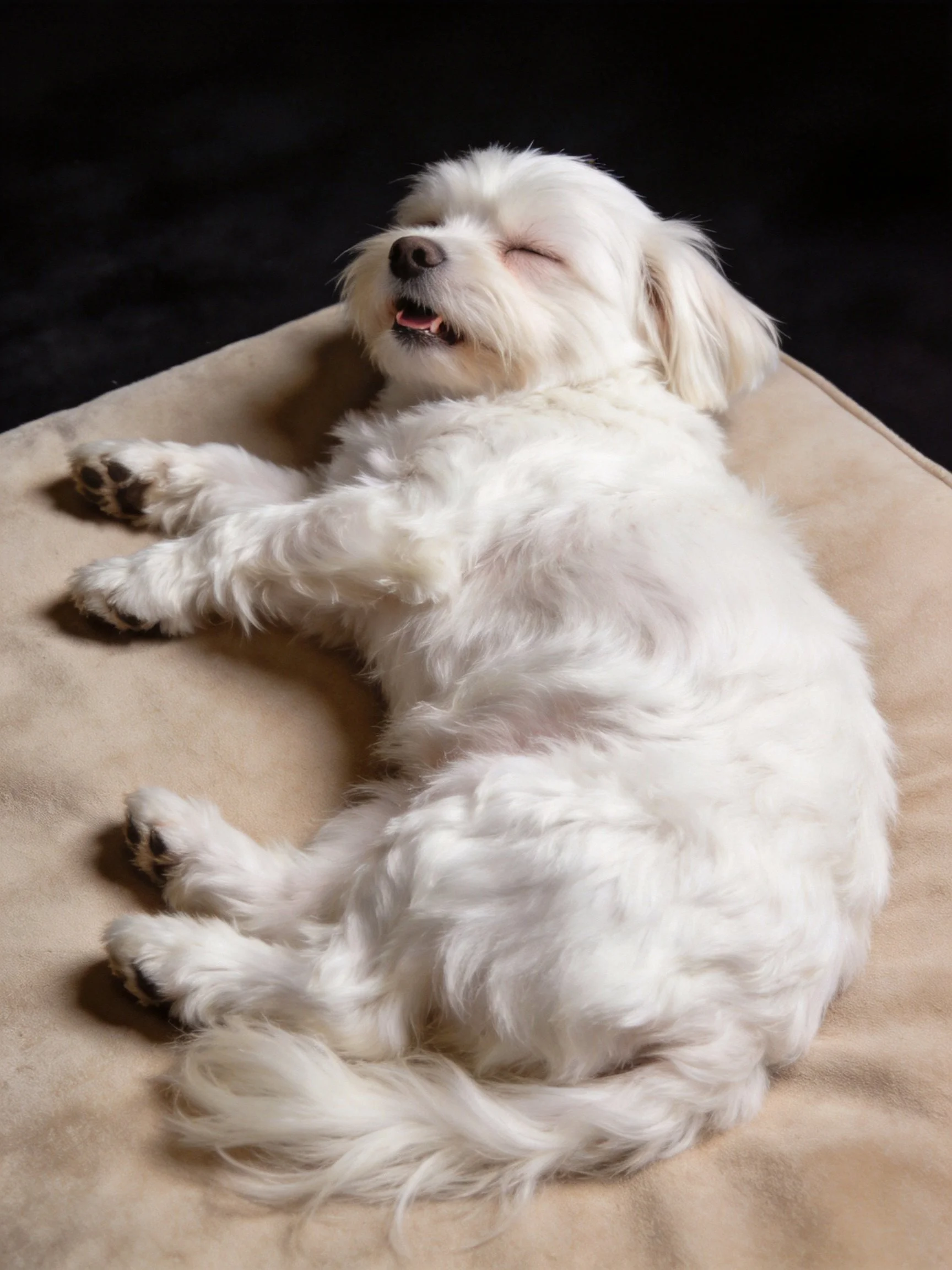 A fluffy white dog rests peacefully on a beige cushion.