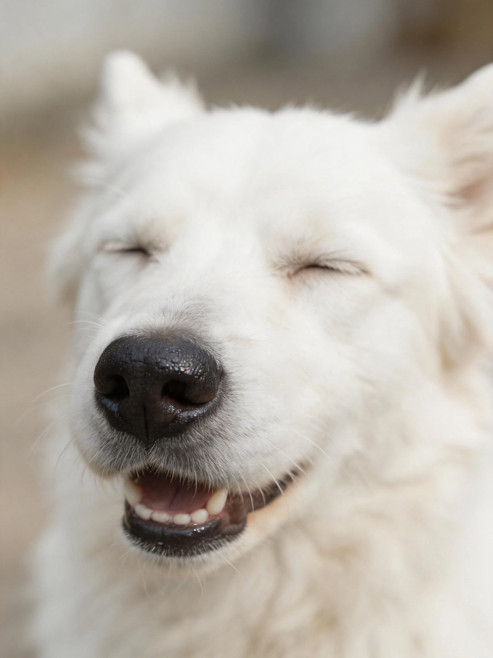 A fluffy white dog looks happy with eyes shut.