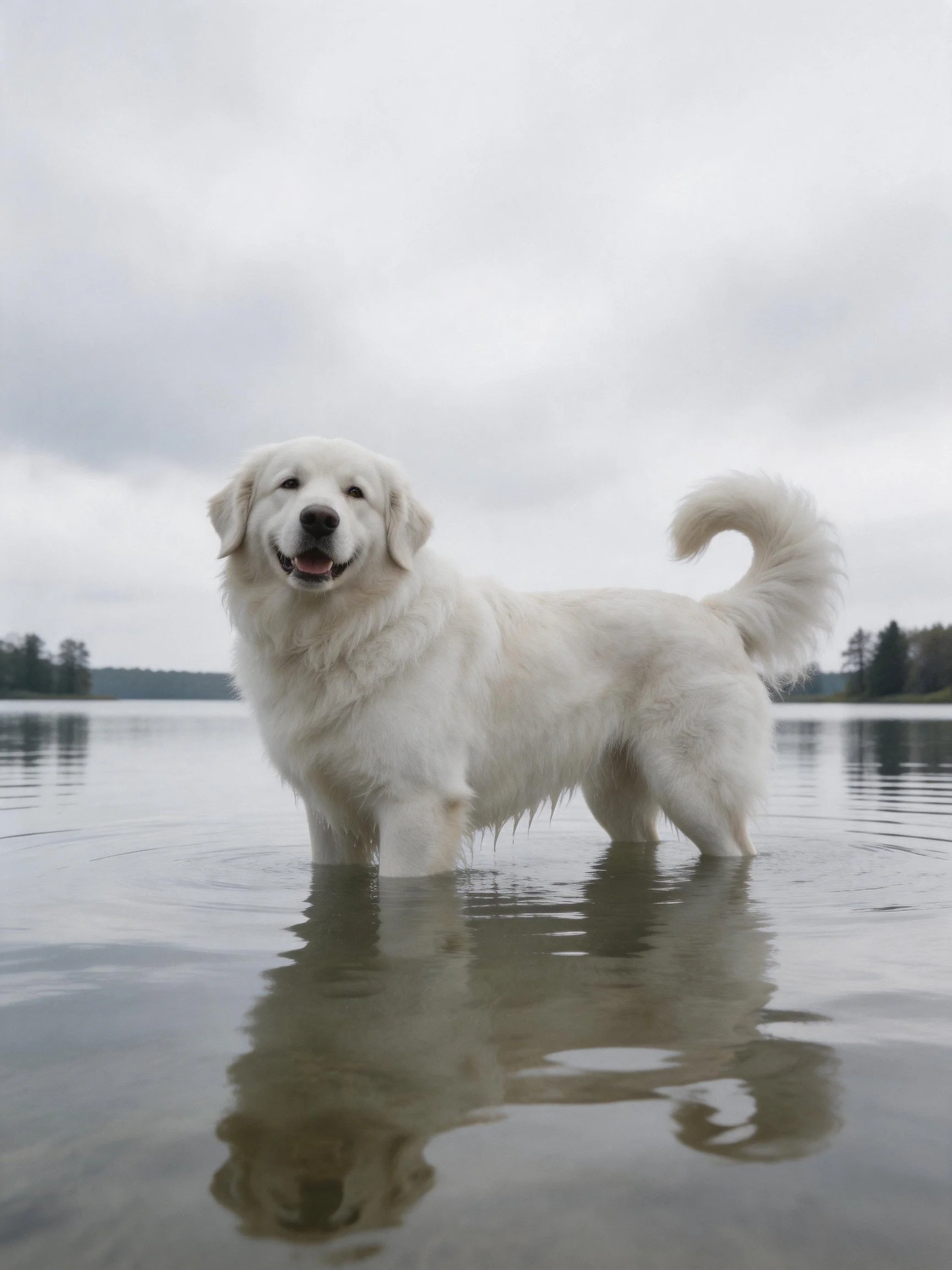 A white dog stands contentedly in lake water.
