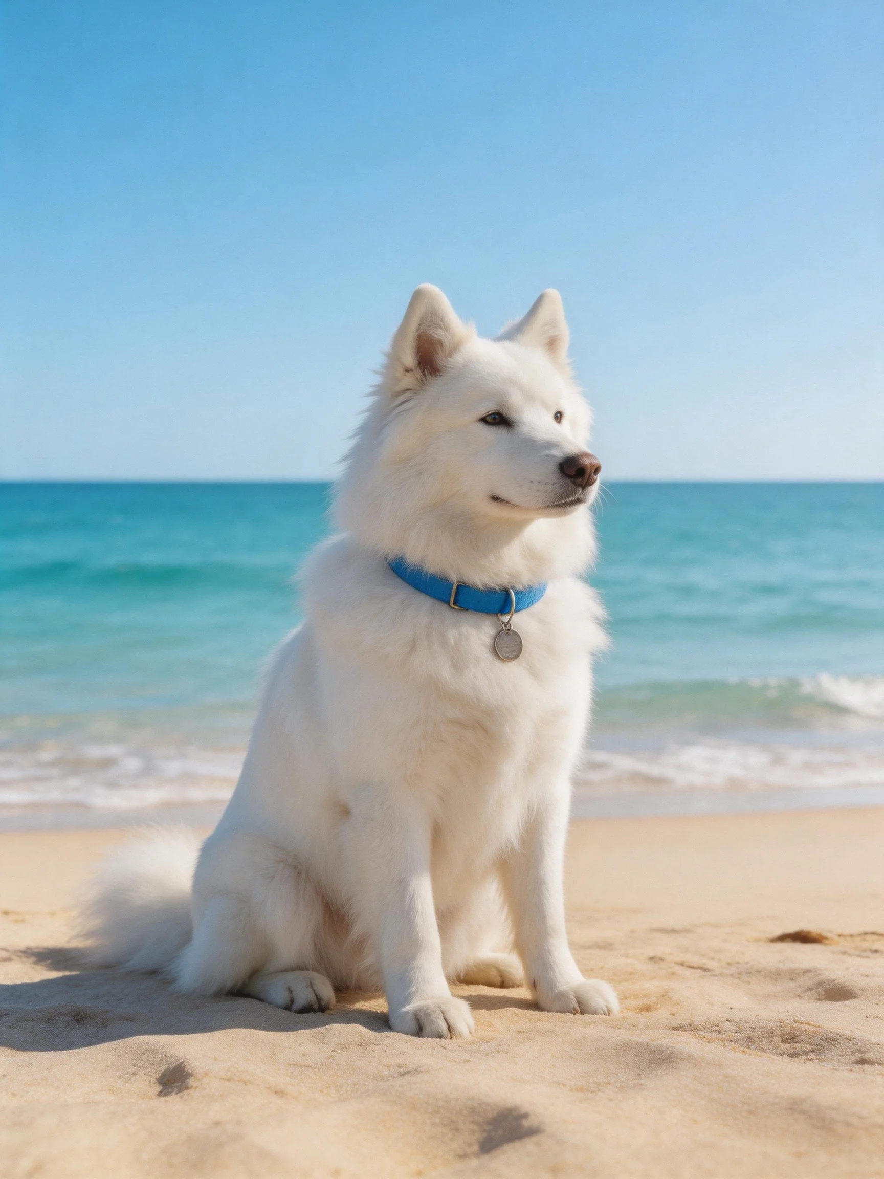 A white dog with a blue collar sits on a sandy beach near the ocean