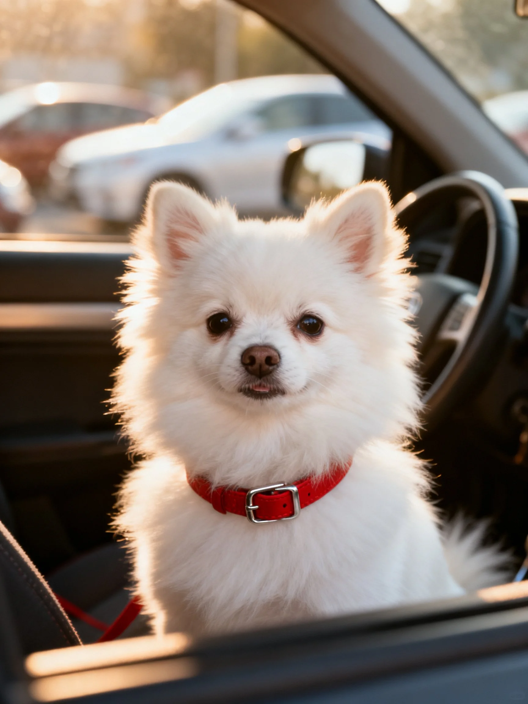 A small white dog with a red collar sits inside a car.