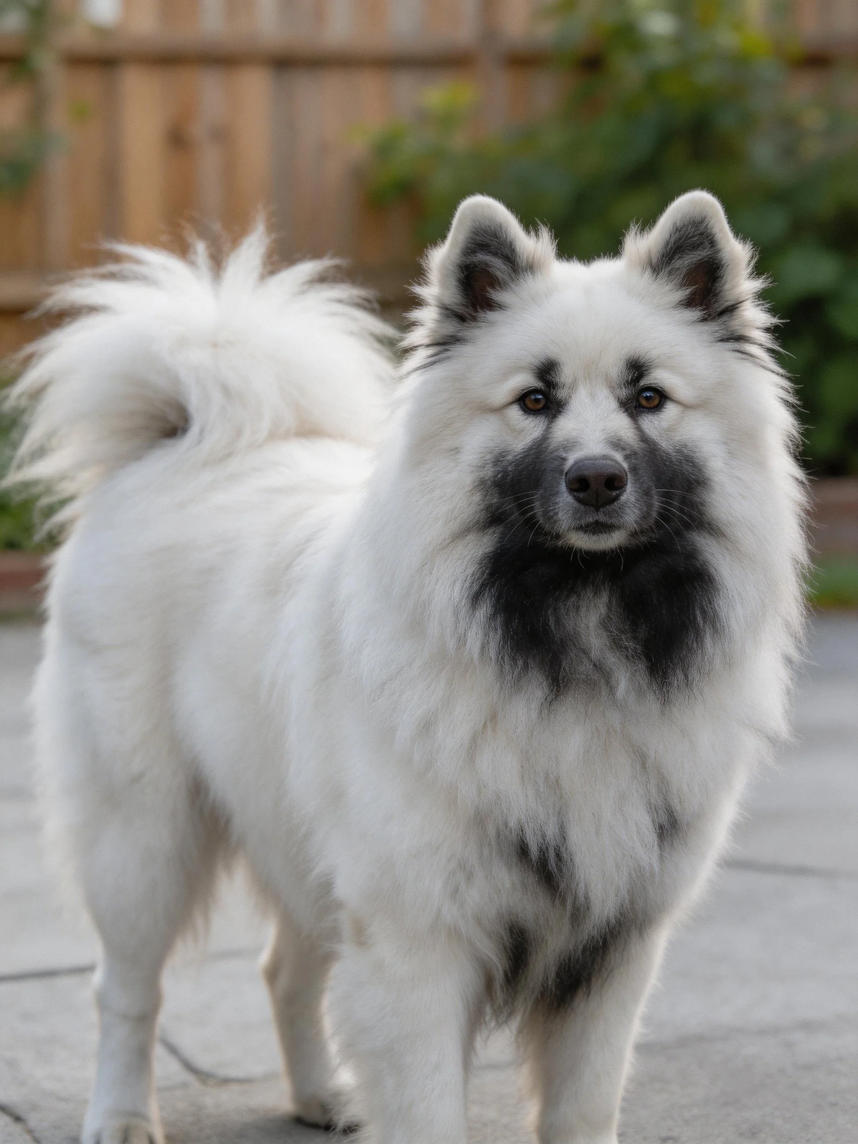 A fluffy white dog with black facial markings stands outdoors.