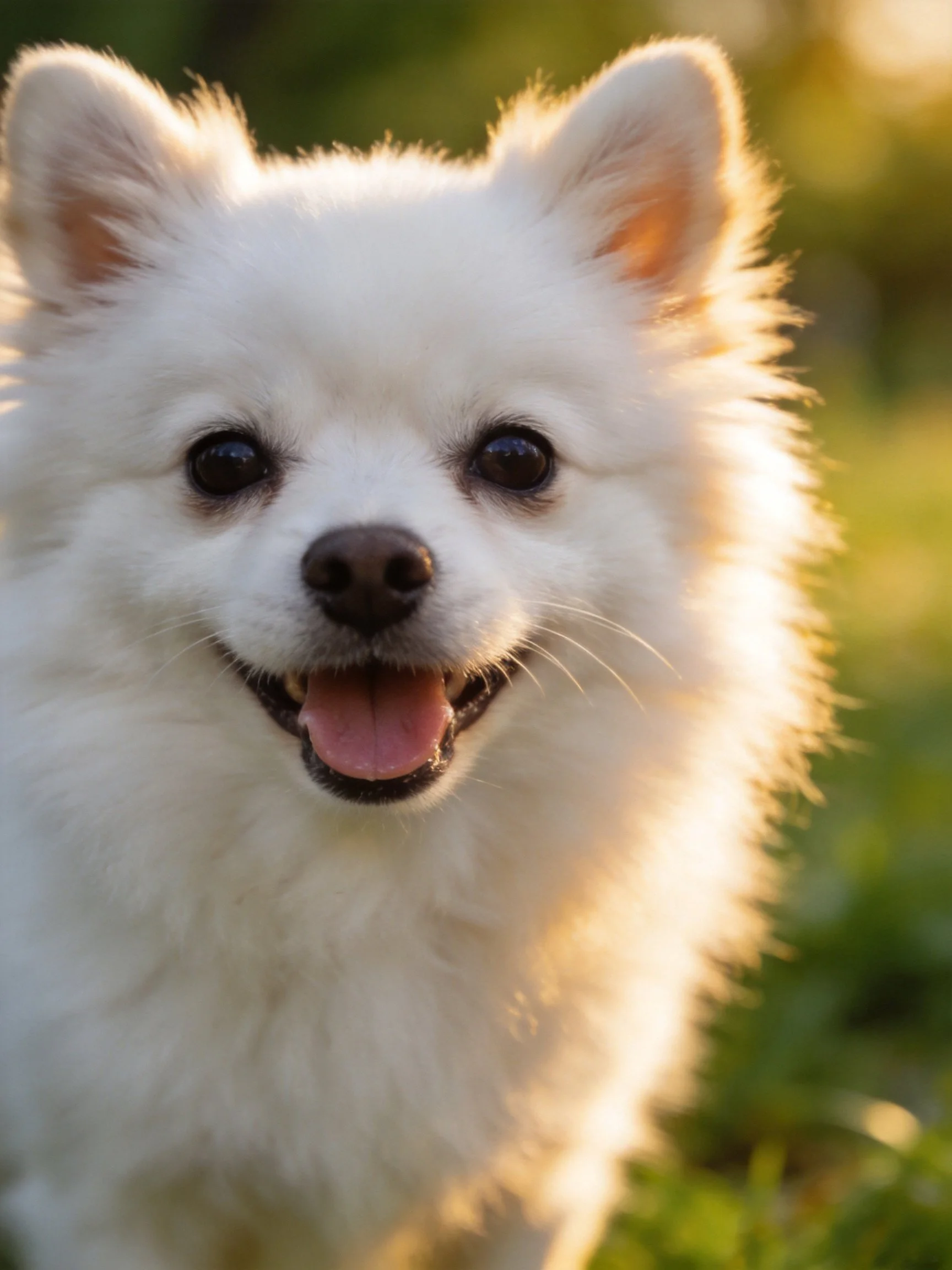A fluffy white dog with bright eyes is in a sunlit outdoor area