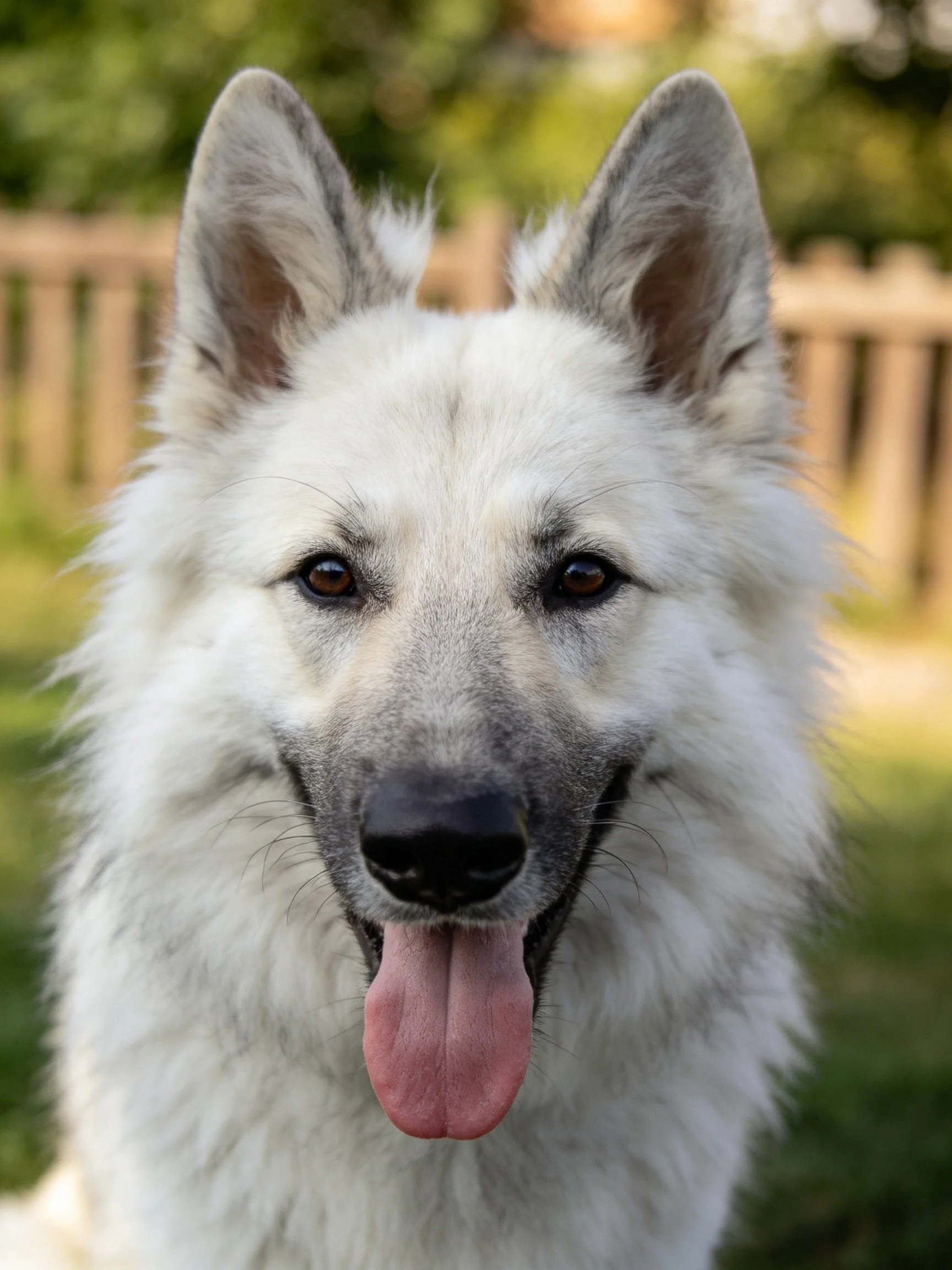 A fluffy white dog with upright ears outdoors