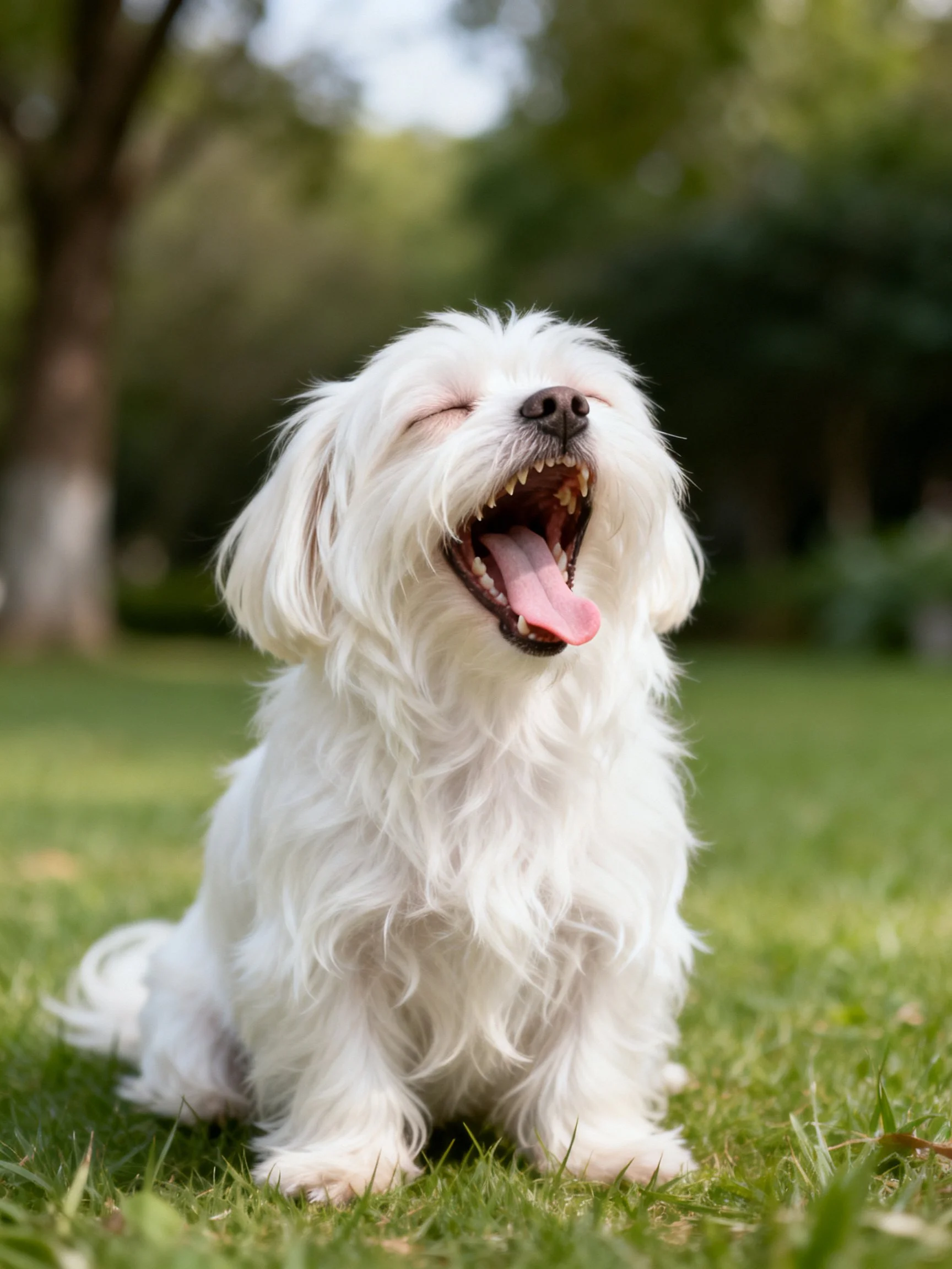 A small white dog yawns widely while sitting on a grassy field.