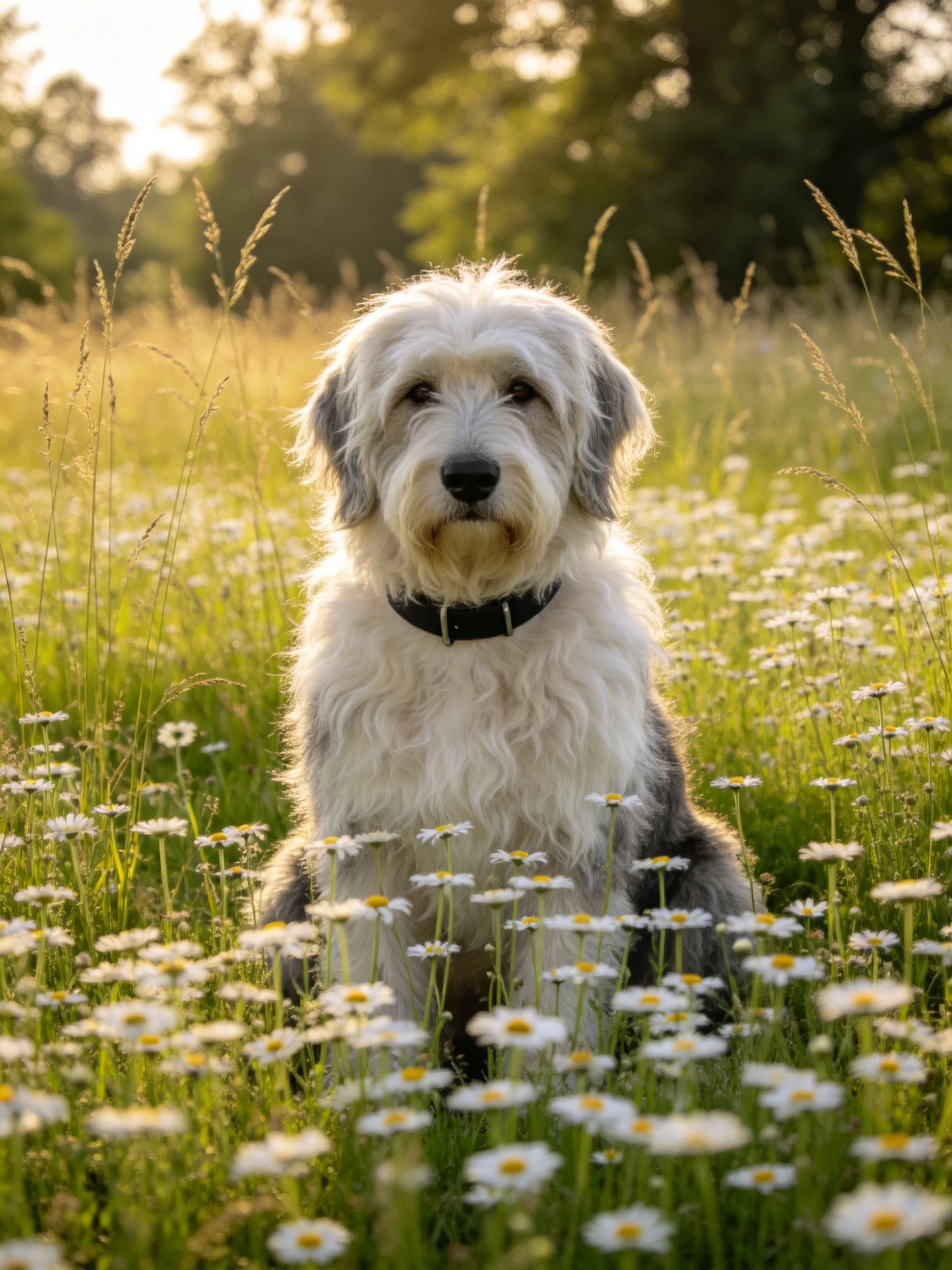 A fluffy white-gray dog sits among daisies in a sunlit meadow