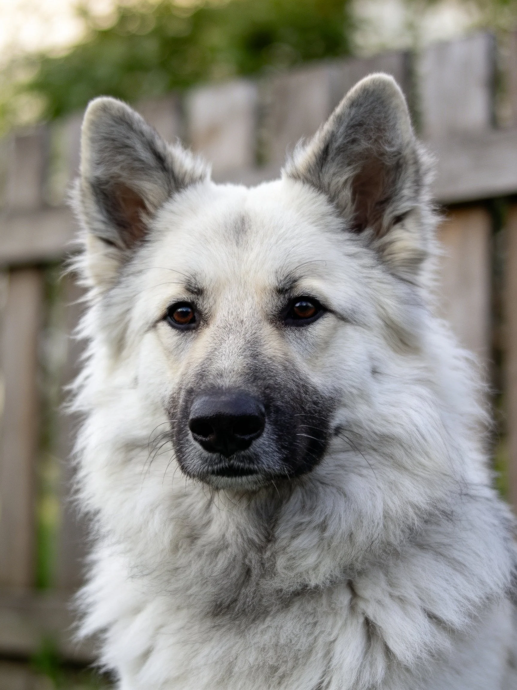 A close - up of a white - gray dog with upright ears next to a wooden fence.