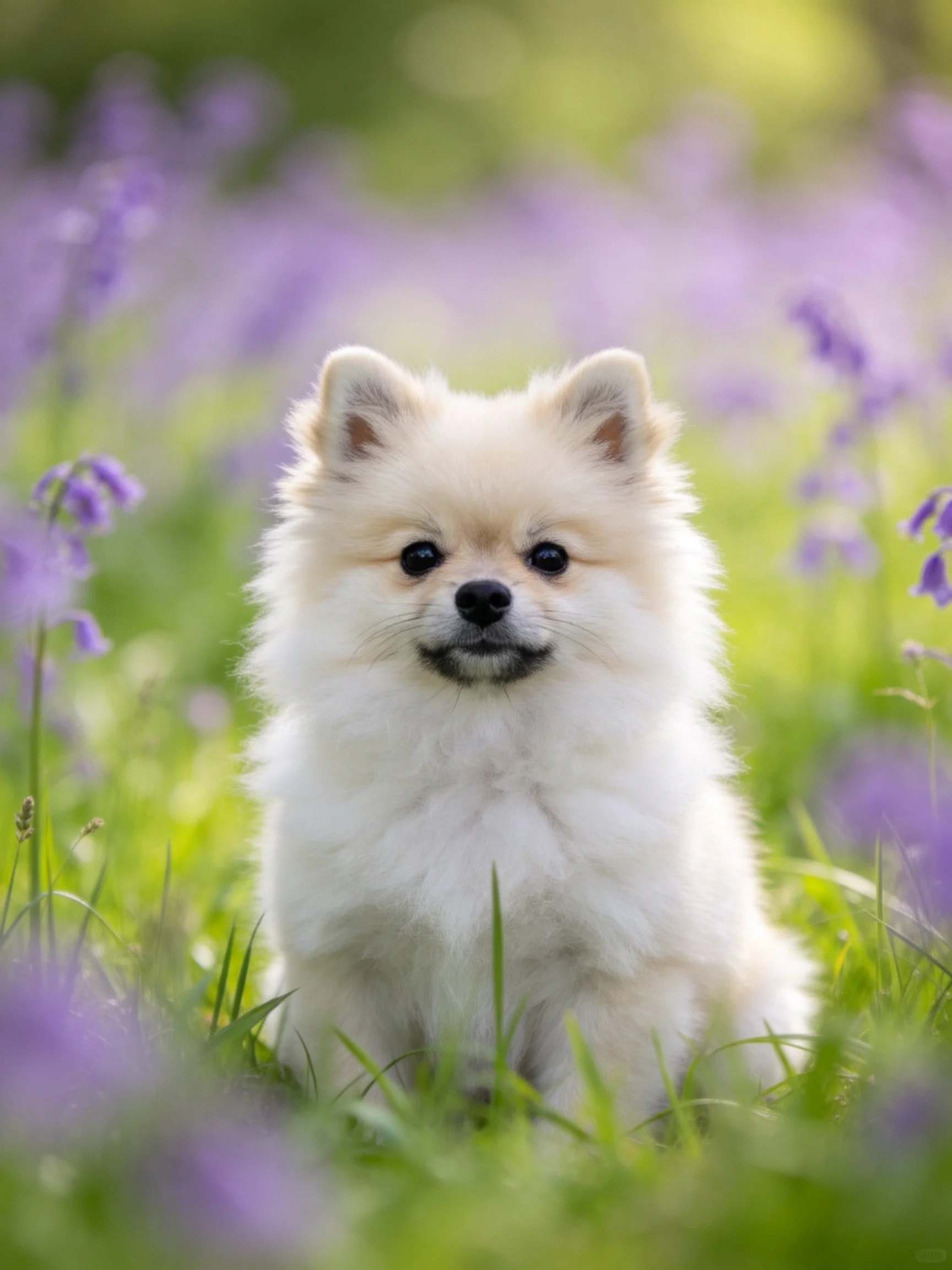 A fluffy white puppy sits amid purple flowers and greenery in a serene outdoor setting.