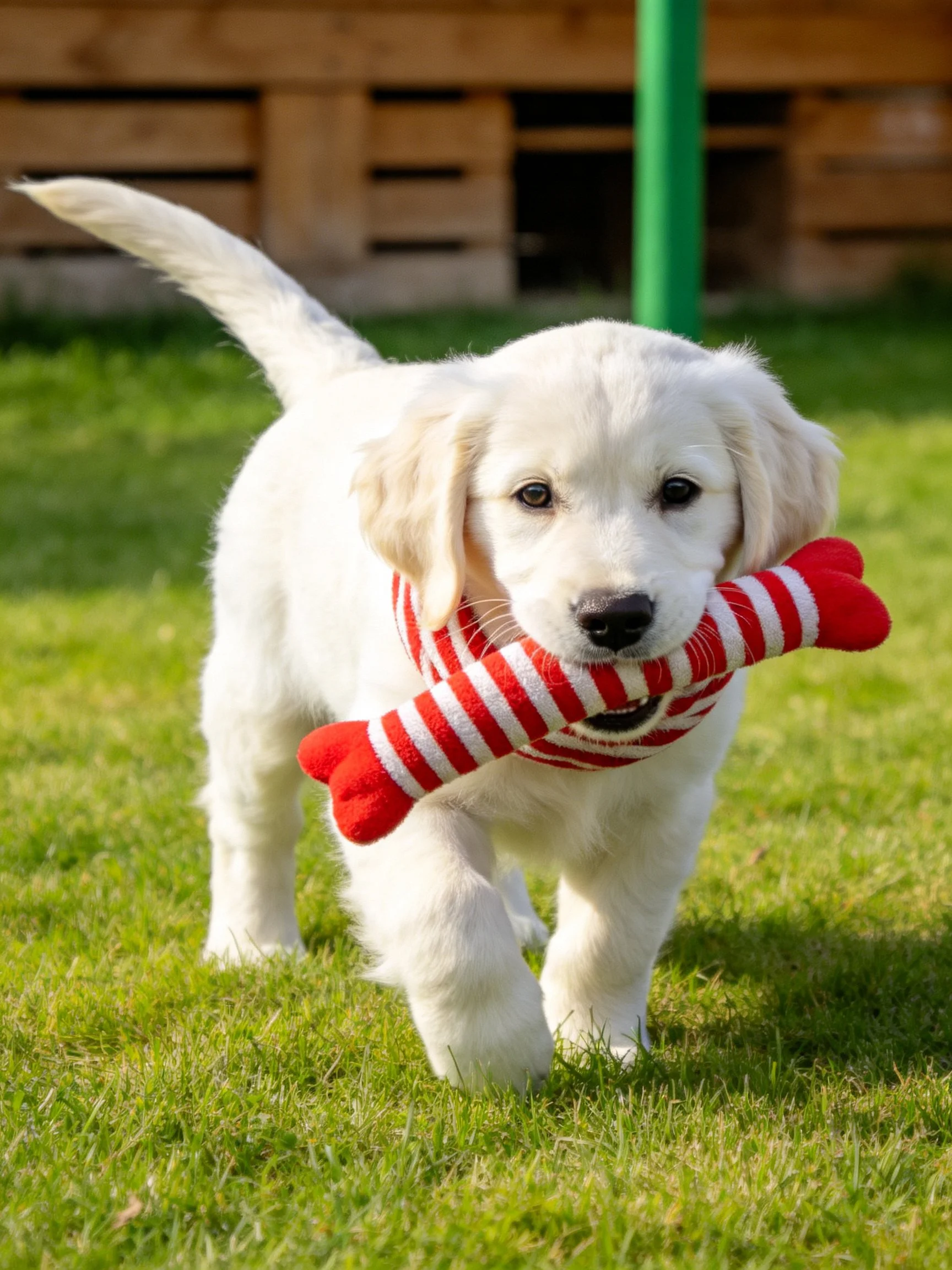 A fluffy white puppy walks outdoors holding a red striped toy bone.