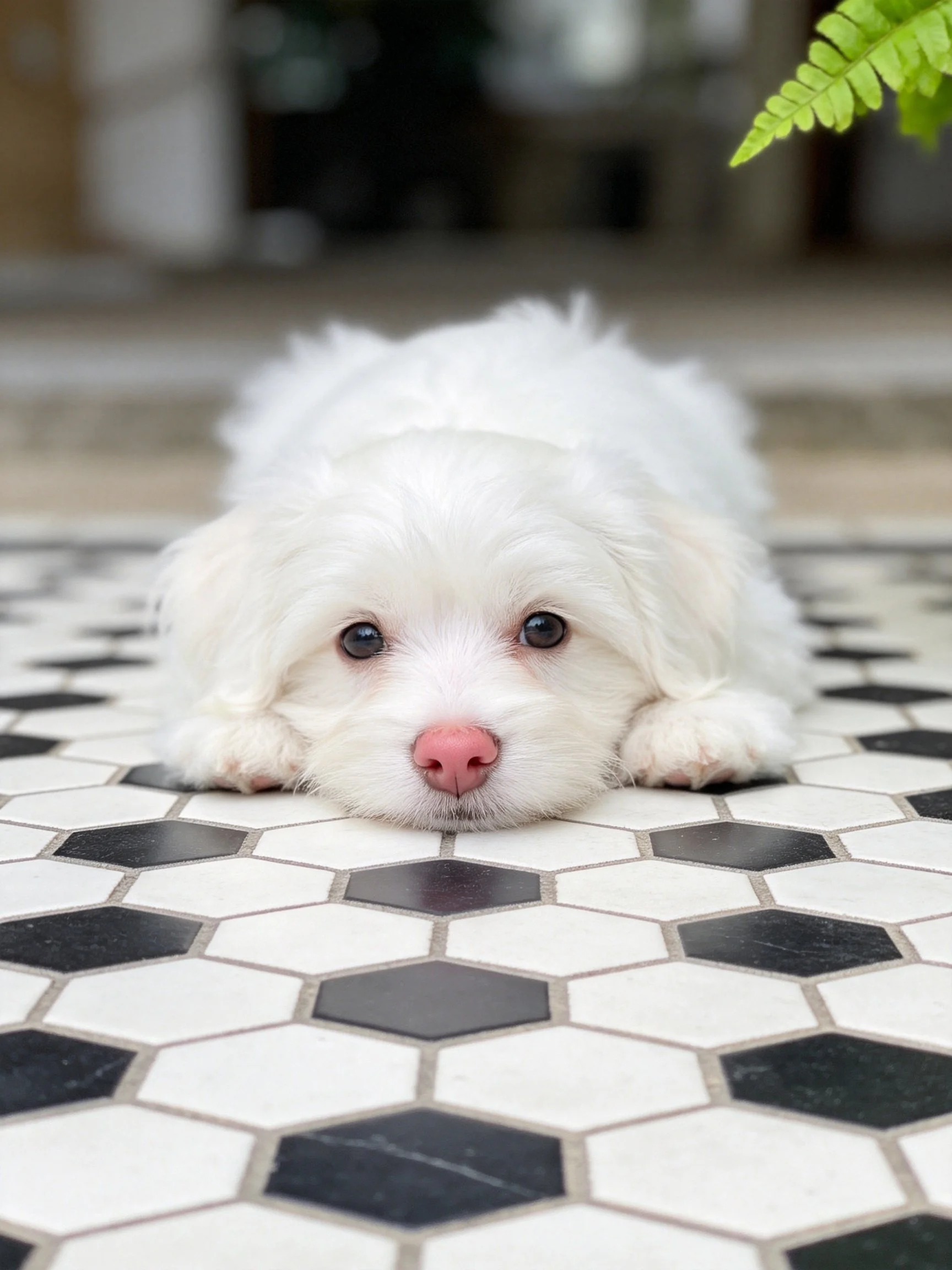A fluffy white puppy rests on patterned tiles in a softly lit interior.
