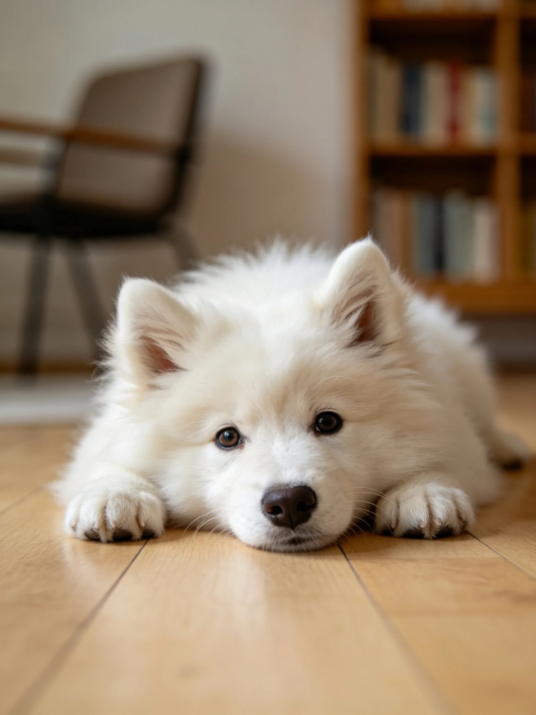 A fluffy white puppy lies on a wooden floor in an indoor room.