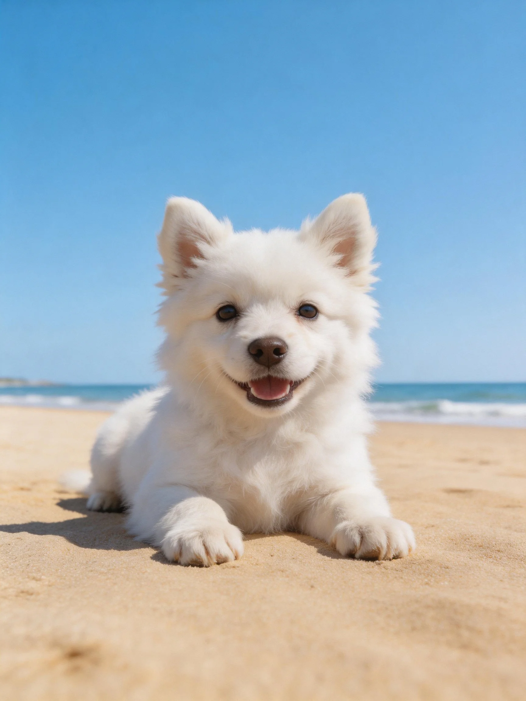 A fluffy white puppy relaxes on sand by the ocean shore.