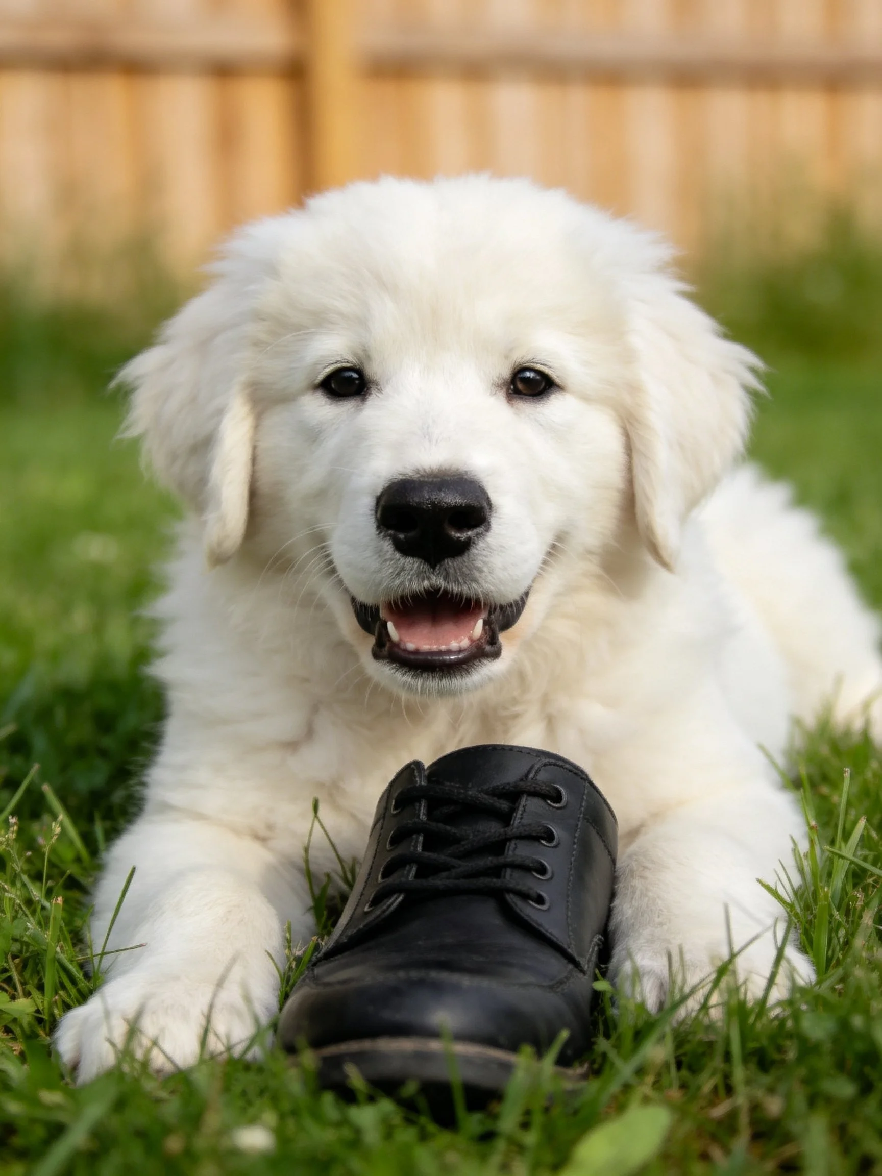 A fluffy white puppy lies next to a black shoe on grass.