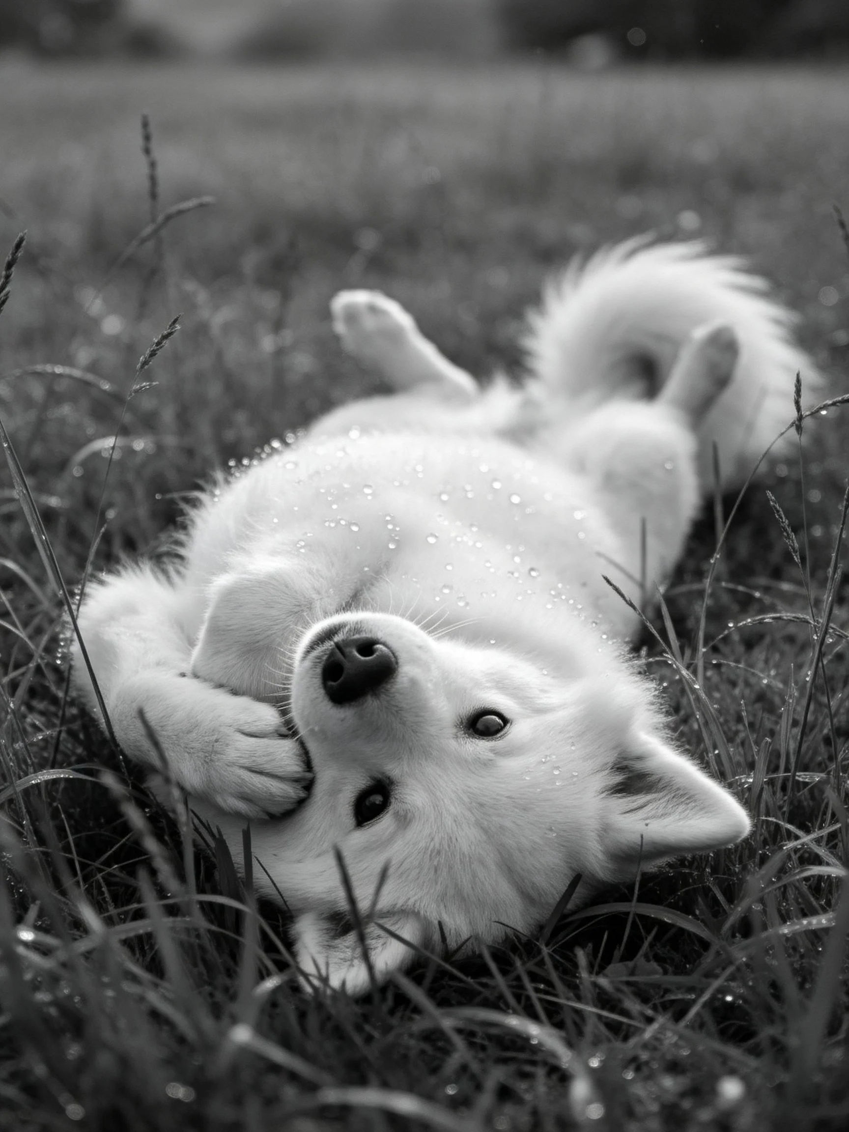A fluffy white puppy relaxes on dewy grass in a natural outdoor space