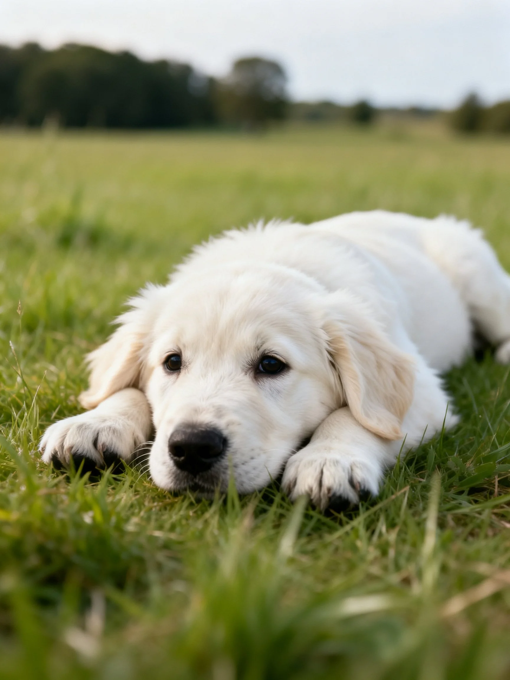A fluffy white puppy relaxes on a grassy field.