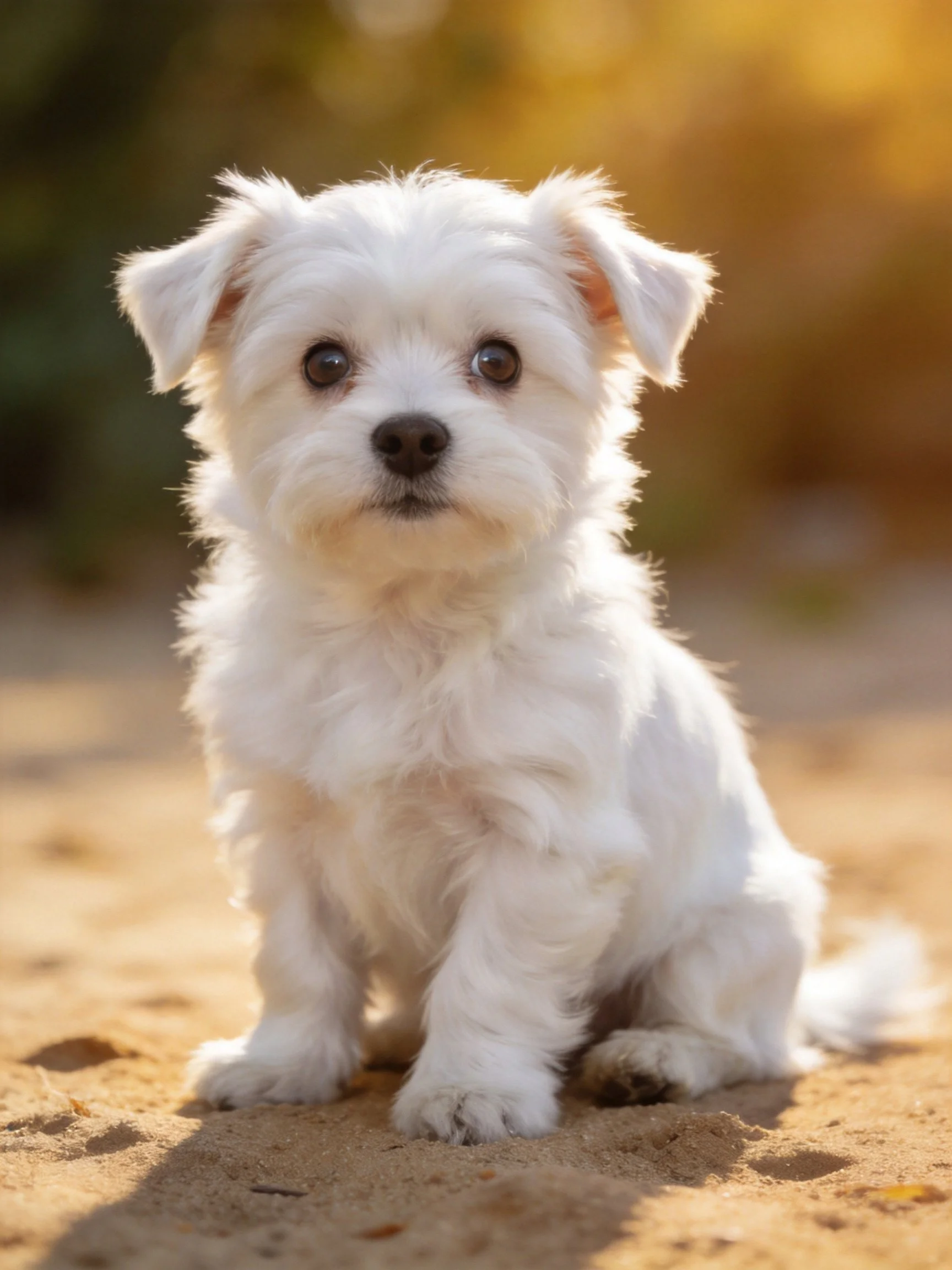 A small white puppy sits calmly on sandy terrain under soft, warm light.