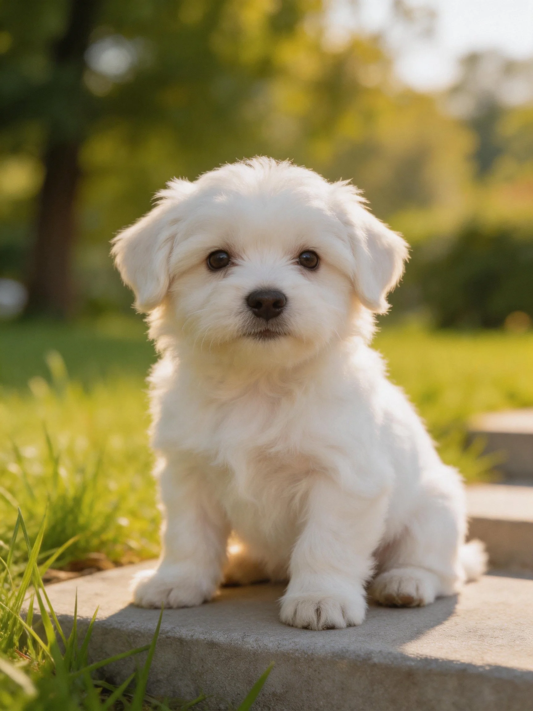 A small white dog sits calmly on a sunlit concrete step outdoors