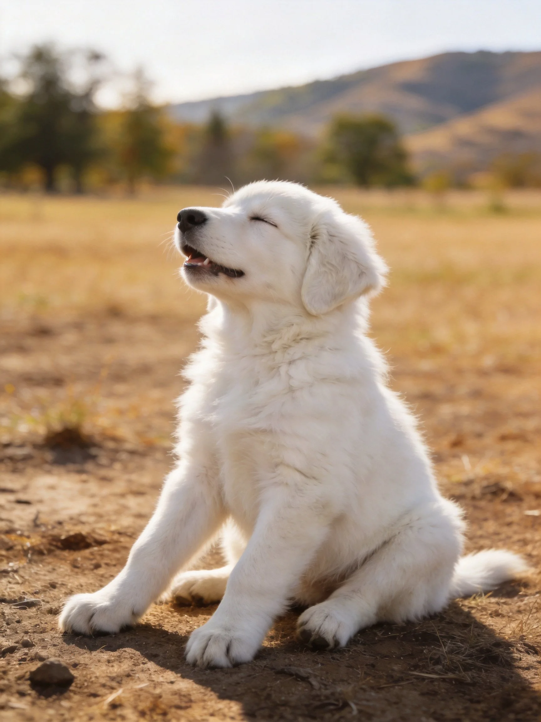 A fluffy white puppy sits contentedly in a sunny open field.