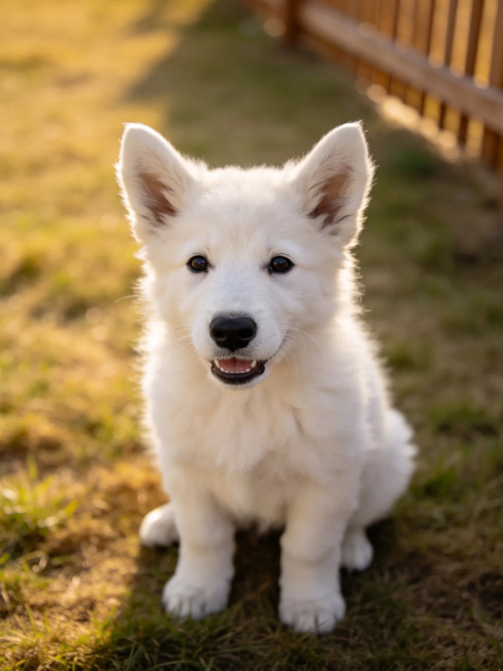 A fluffy white puppy sits on grass near a wooden fence in sunlight.