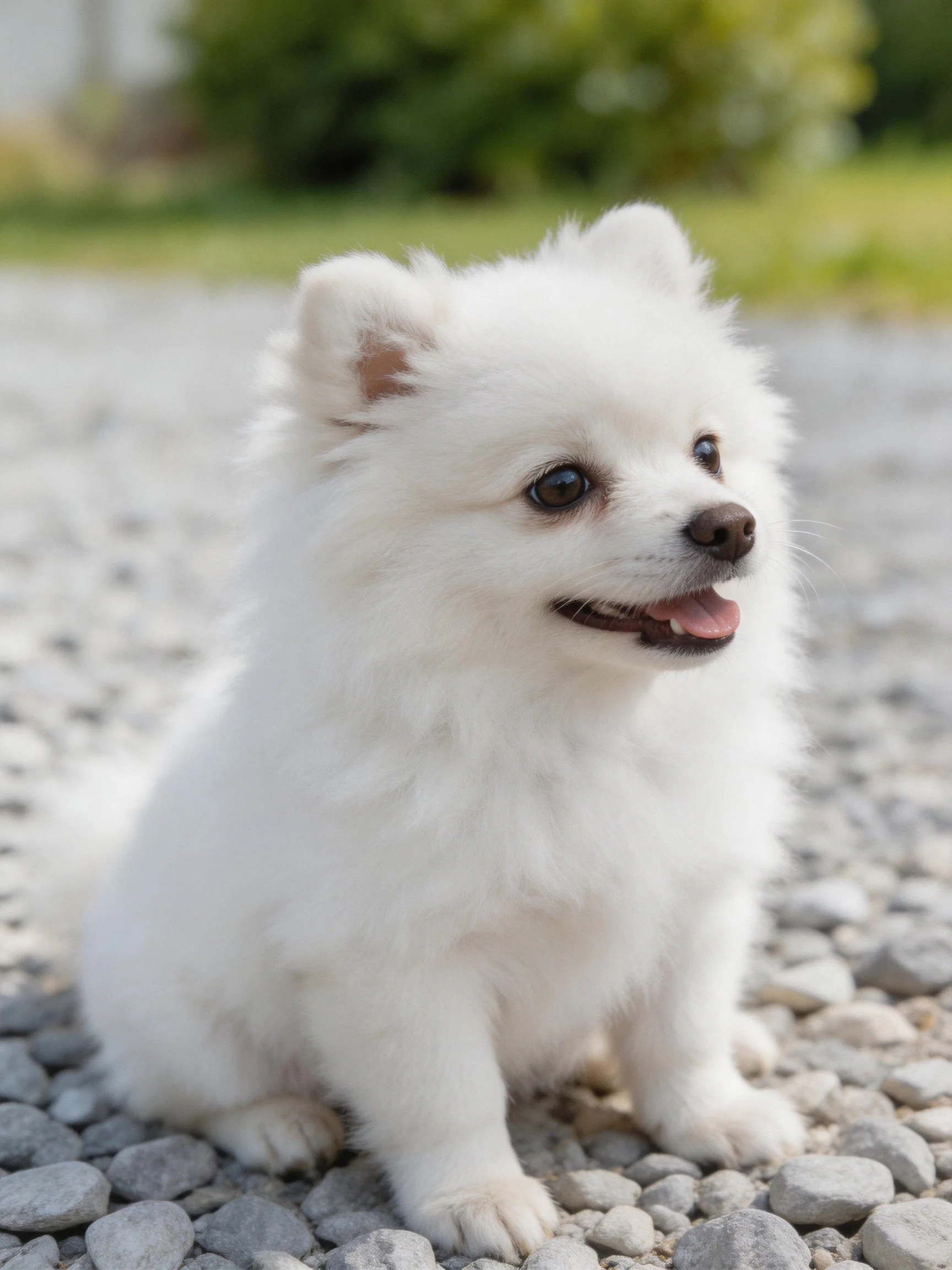 A fluffy white puppy sits on pebbles in a sunlit outdoor space.