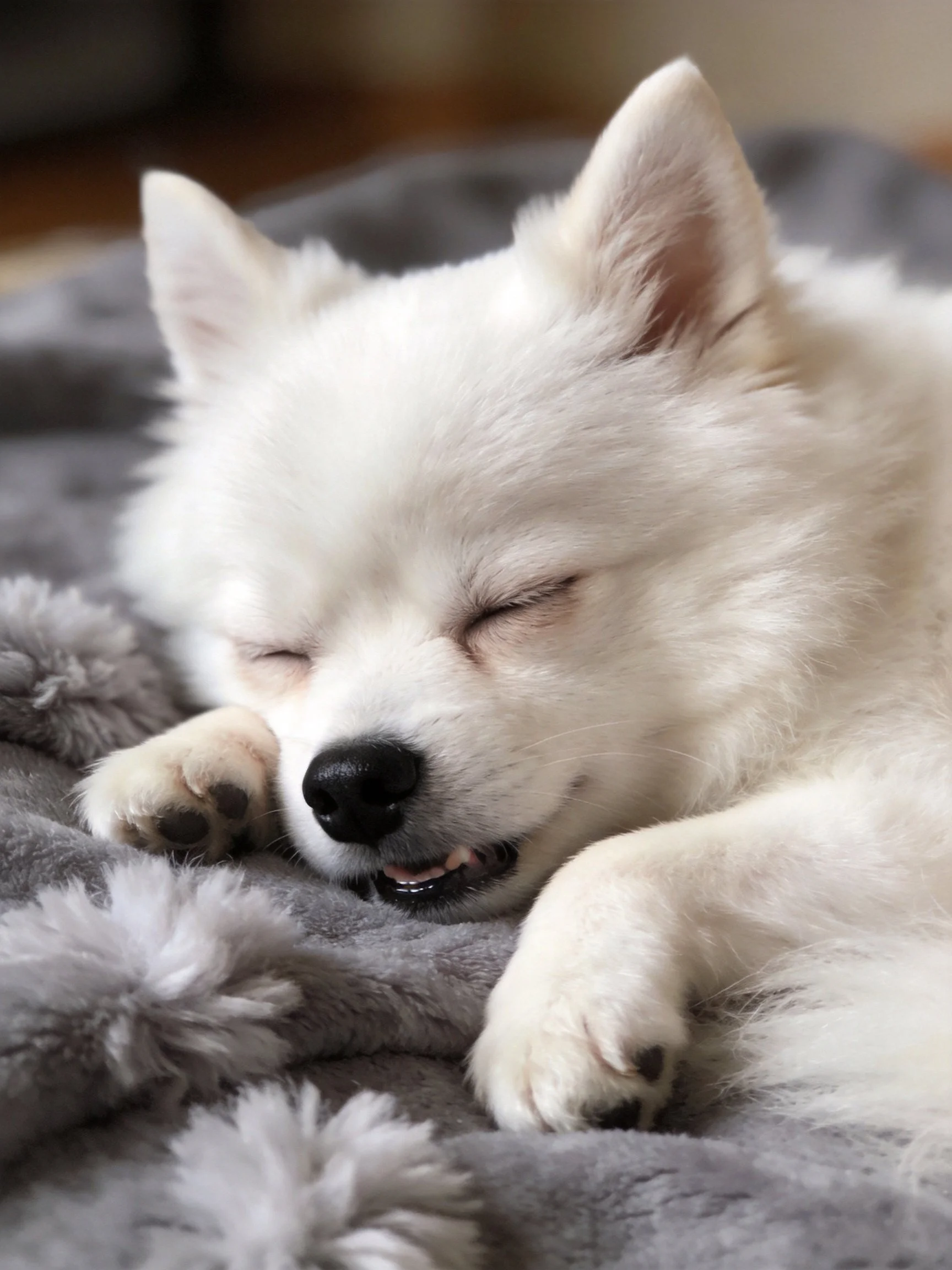 A fluffy white puppy rests on a soft gray blanket.